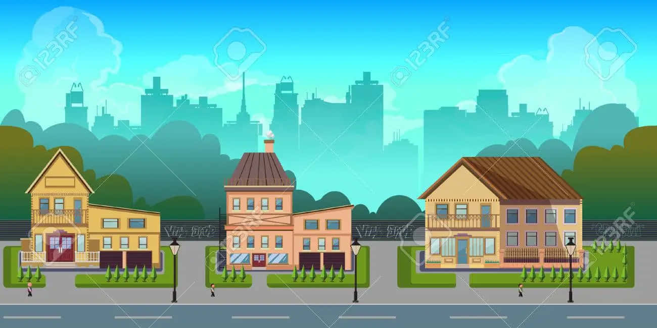 Cartoon City 桌布 壁紙 — 色彩繽紛的卡通房屋排列在街道上，背景是朦朧的城市天際線，上方是明亮的藍天。