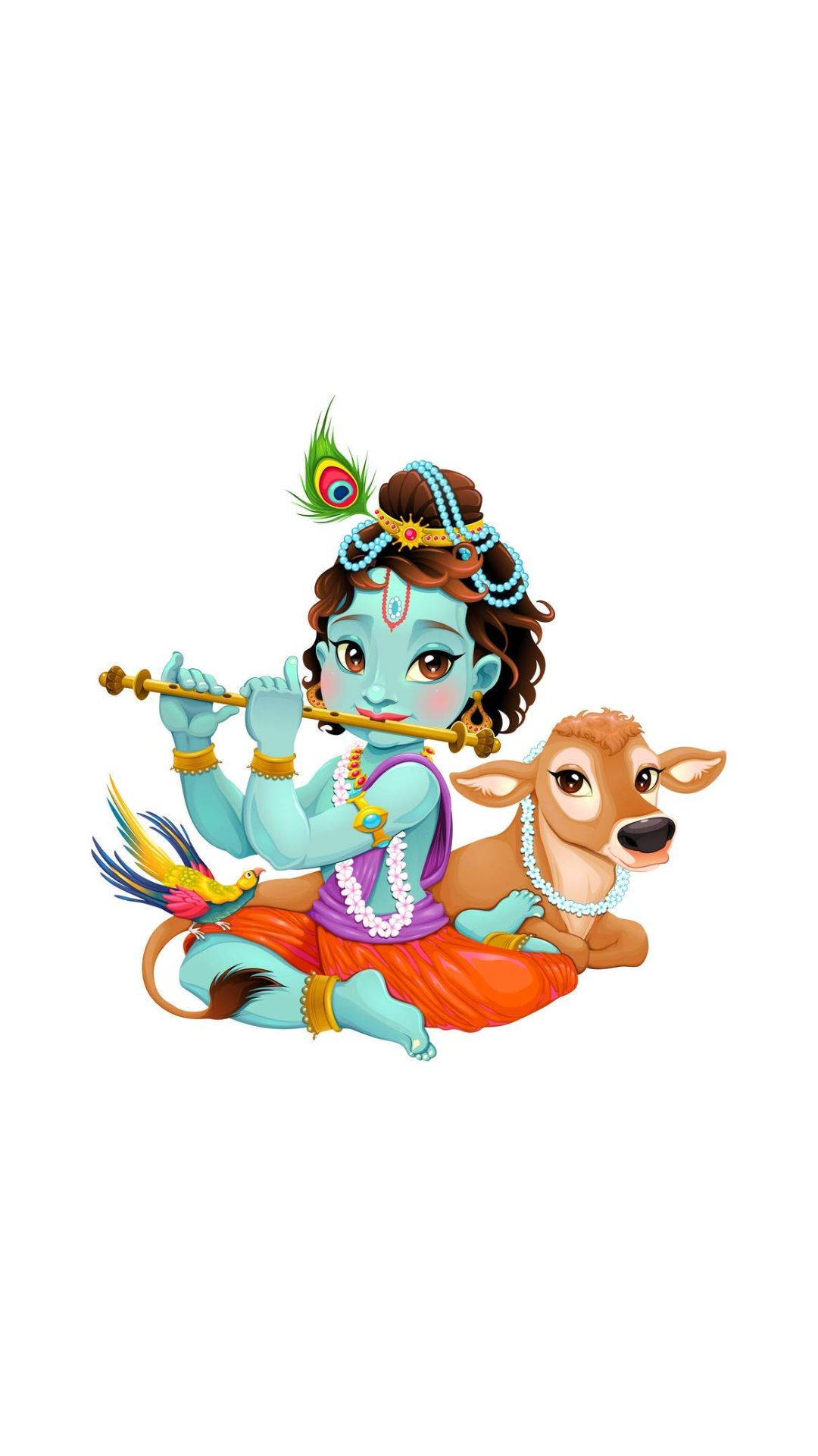 cute krishna 桌布 壁紙 — 色彩繽紛的卡通描繪，主奎師那坐在牛和孔雀旁邊吹奏笛子。