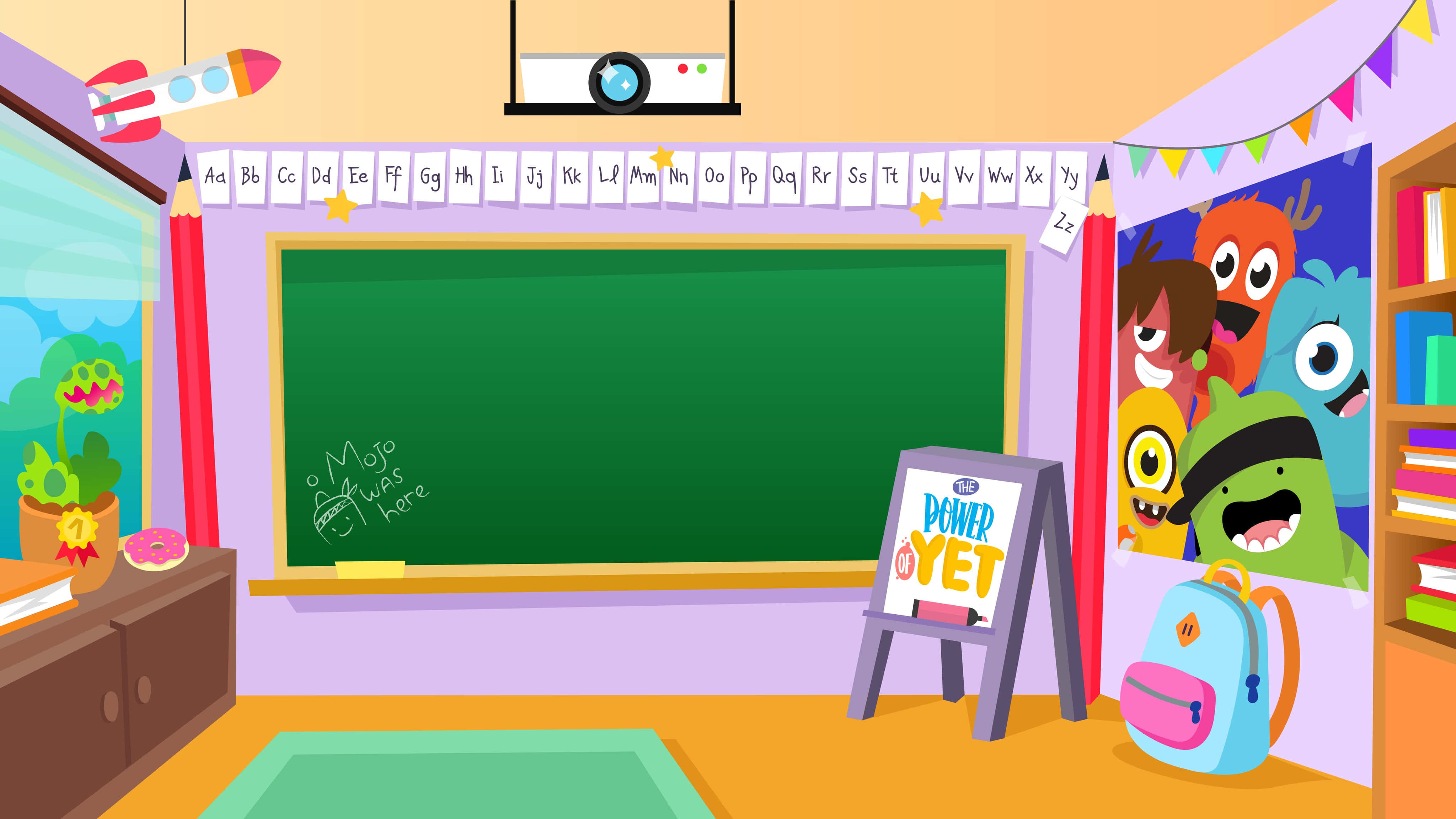 Cartoon 桌布 壁紙 — 色彩繽紛的卡通教室，配有綠色黑板、字母橫幅、火箭、投影機和「Power Yet」標誌。