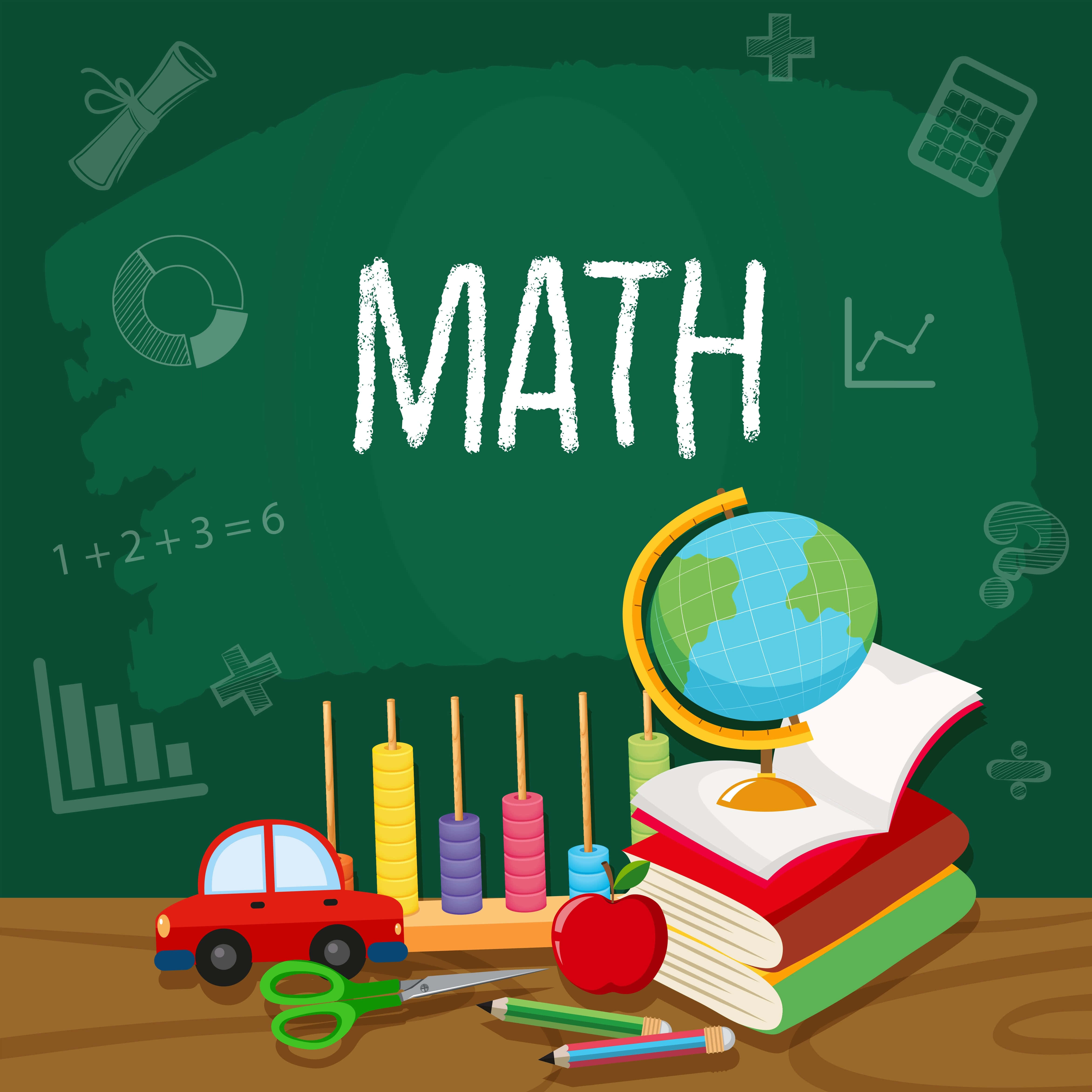 mathematics 桌布 壁紙 — 色彩繽紛的卡通教室場景，綠色黑板上寫著「MATH」，周圍環繞著書籍、地球儀、算盤和學校用品。