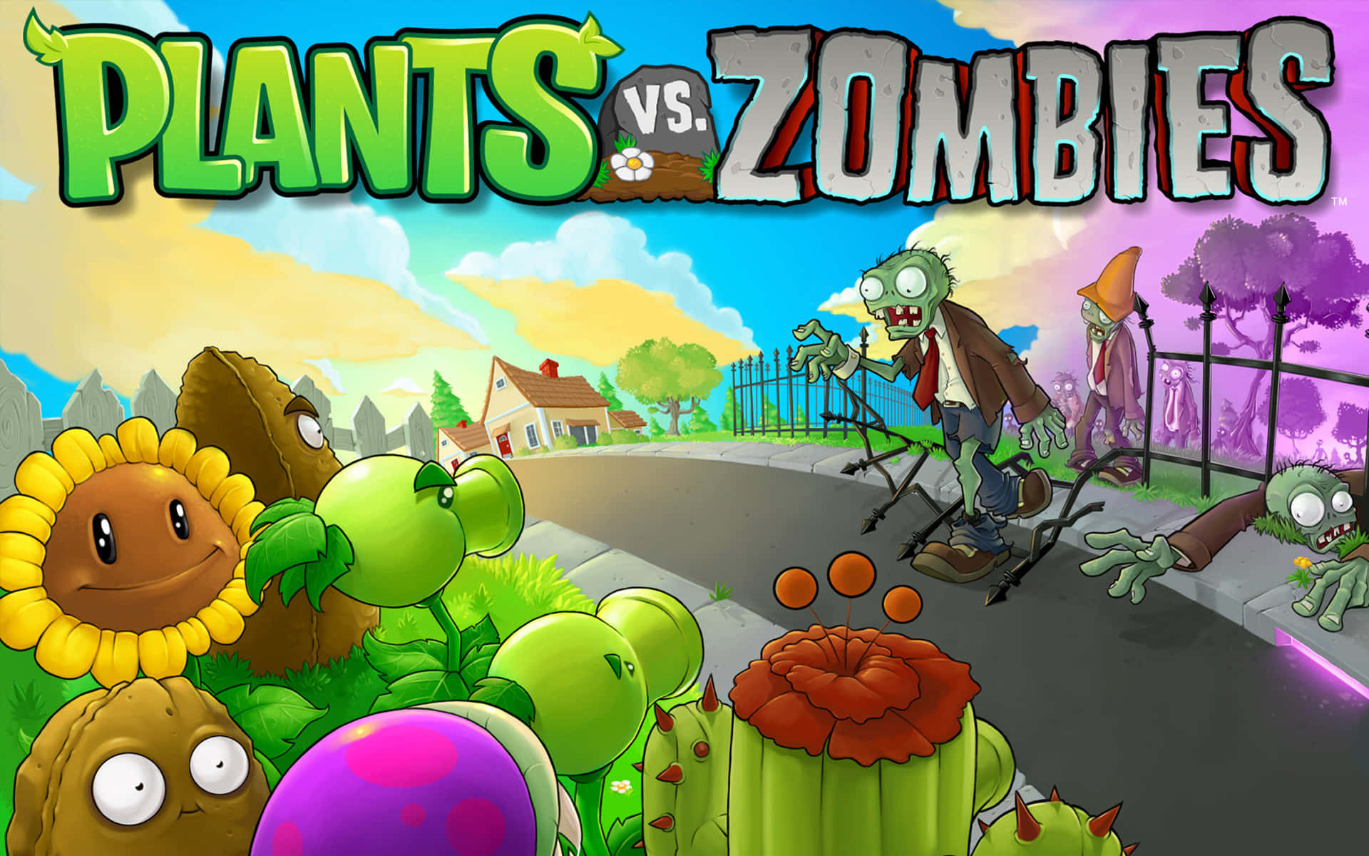 Kids Game 桌布 壁紙 — 色彩繽紛的卡通植物在明亮的天空下保衛郊區草坪，對抗行進的殭屍。