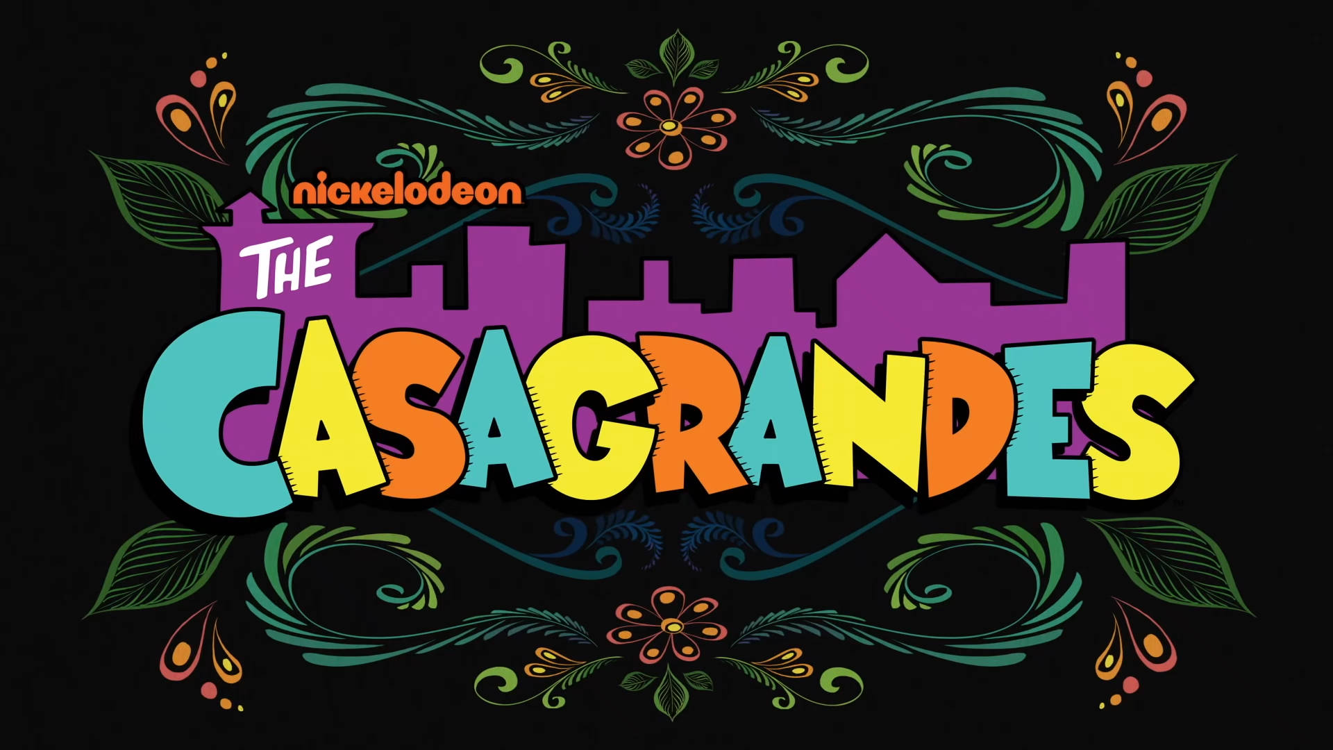 The Casagrandes 桌布 壁紙 — 色彩繽紛的卡通標題標誌，用於The Casagrandes，帶有彩色字母和華麗的花卉漩渦，背景為黑色。