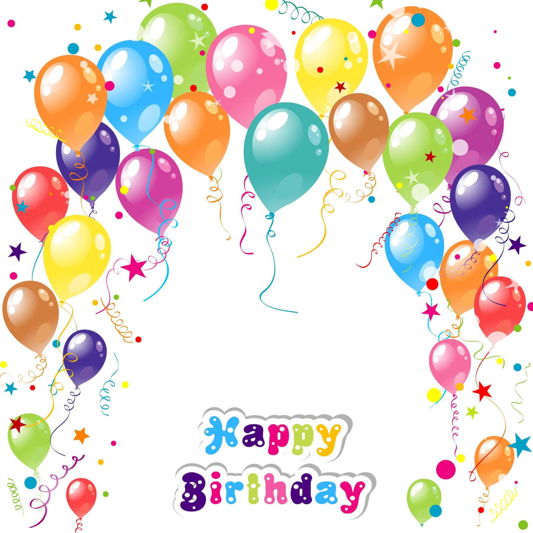 Birthday Balloons 桌布 壁紙 — 色彩繽紛的卡通氣球在彩虹色中飄浮，圍繞著歡樂的「Happy Birthday」訊息，伴有五彩紙屑和彩帶。