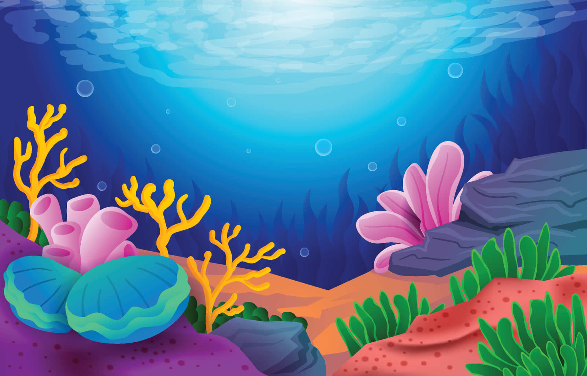 海洋 桌布 壁紙 — 色彩繽紛的卡通海底場景，色彩繽紛的珊瑚海扇和粉紅色海葵在藍色海洋光線下發光。