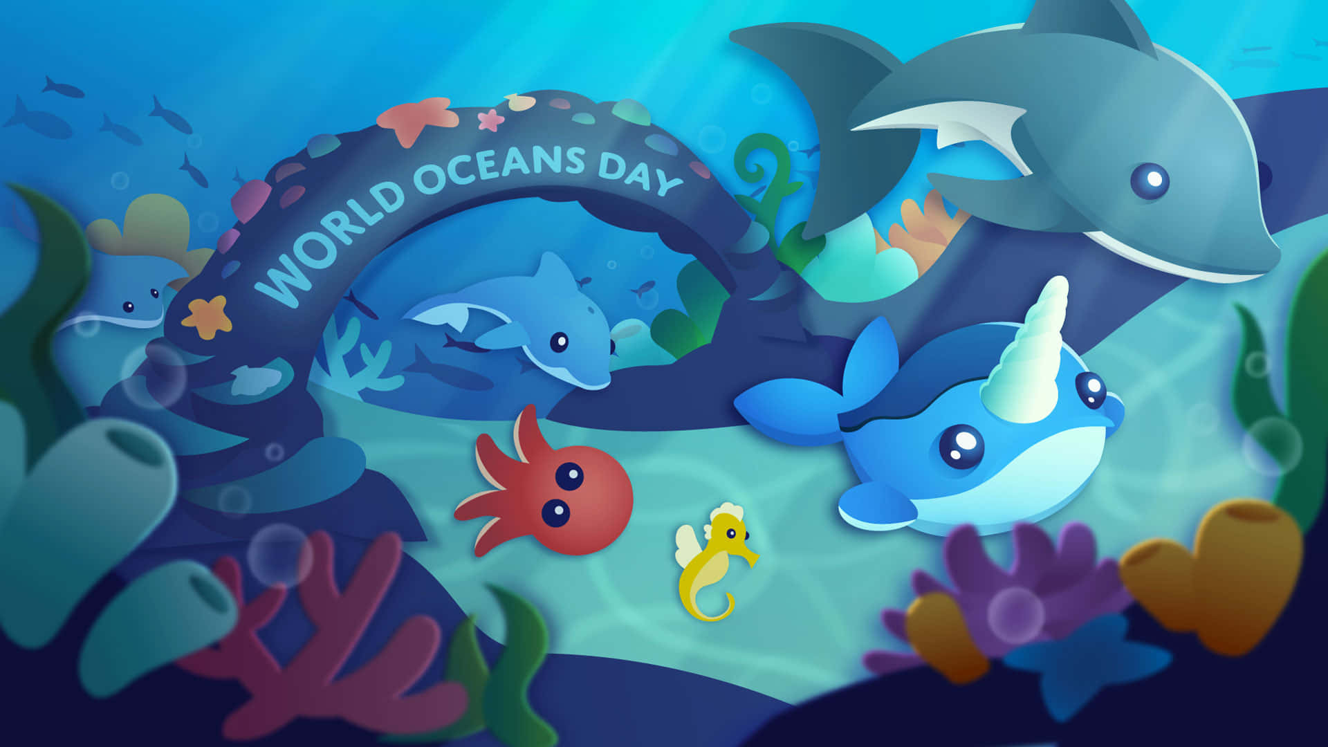 海洋 桌布 壁紙 — 色彩繽紛的卡通海洋生物，包括海豚和獨角鯨，在珊瑚和氣泡中快樂地游過「世界海洋日」拱門。