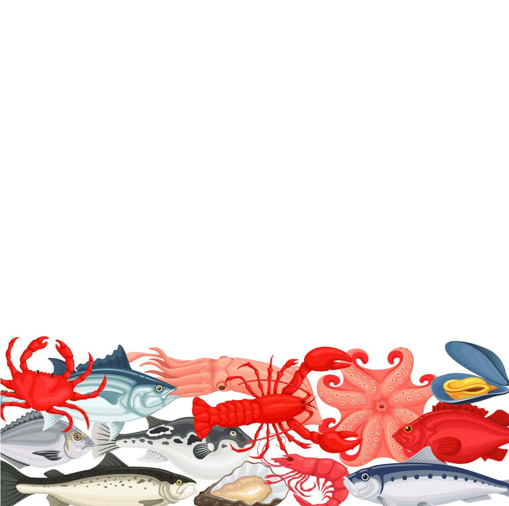 Seafood 桌布 壁紙 — 色彩繽紛的卡通海鮮邊框，包括螃蟹、龍蝦、章魚和魚，沿底部邊緣排列。