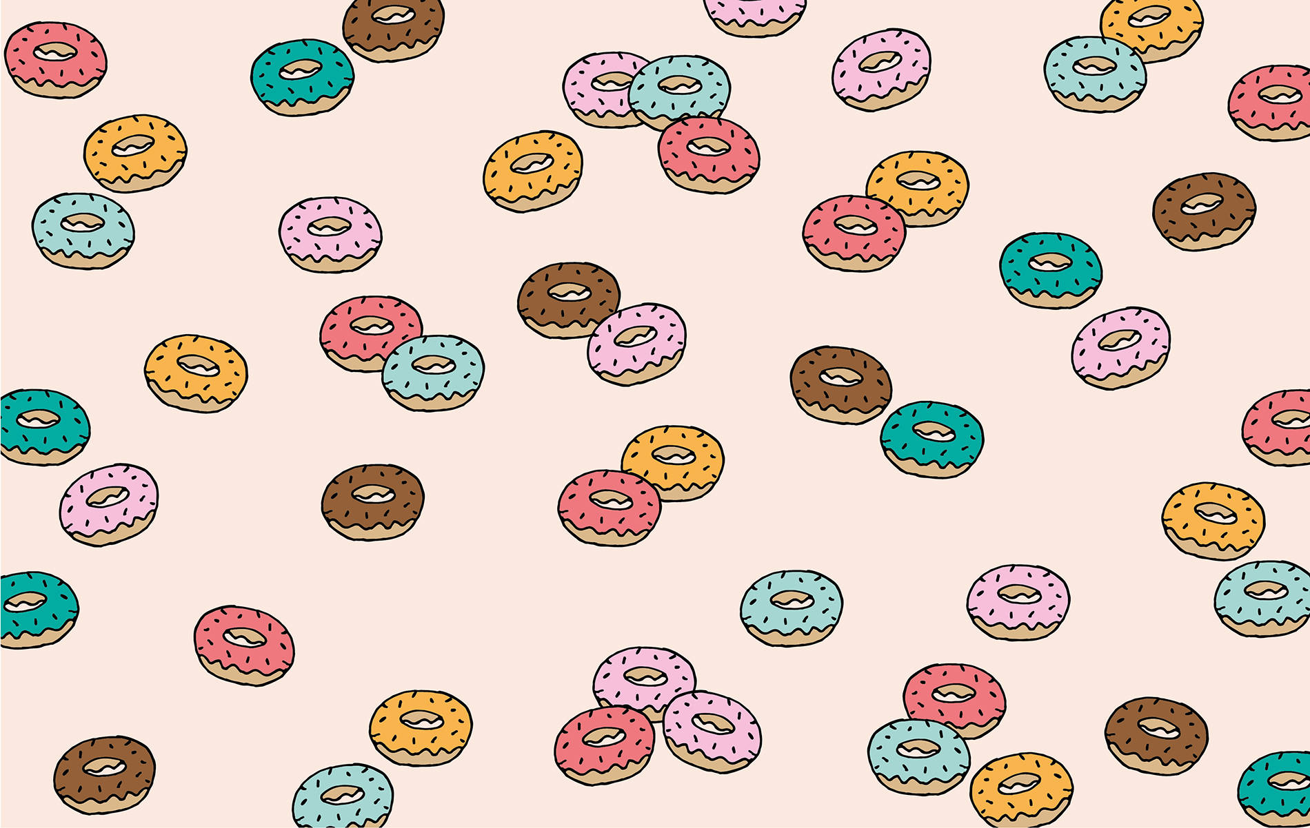 Donut 桌布 壁紙 — 色彩繽紛的卡通甜甜圈，上面撒滿糖粒，散落在柔軟的米色背景上，形成俏皮的圖案。