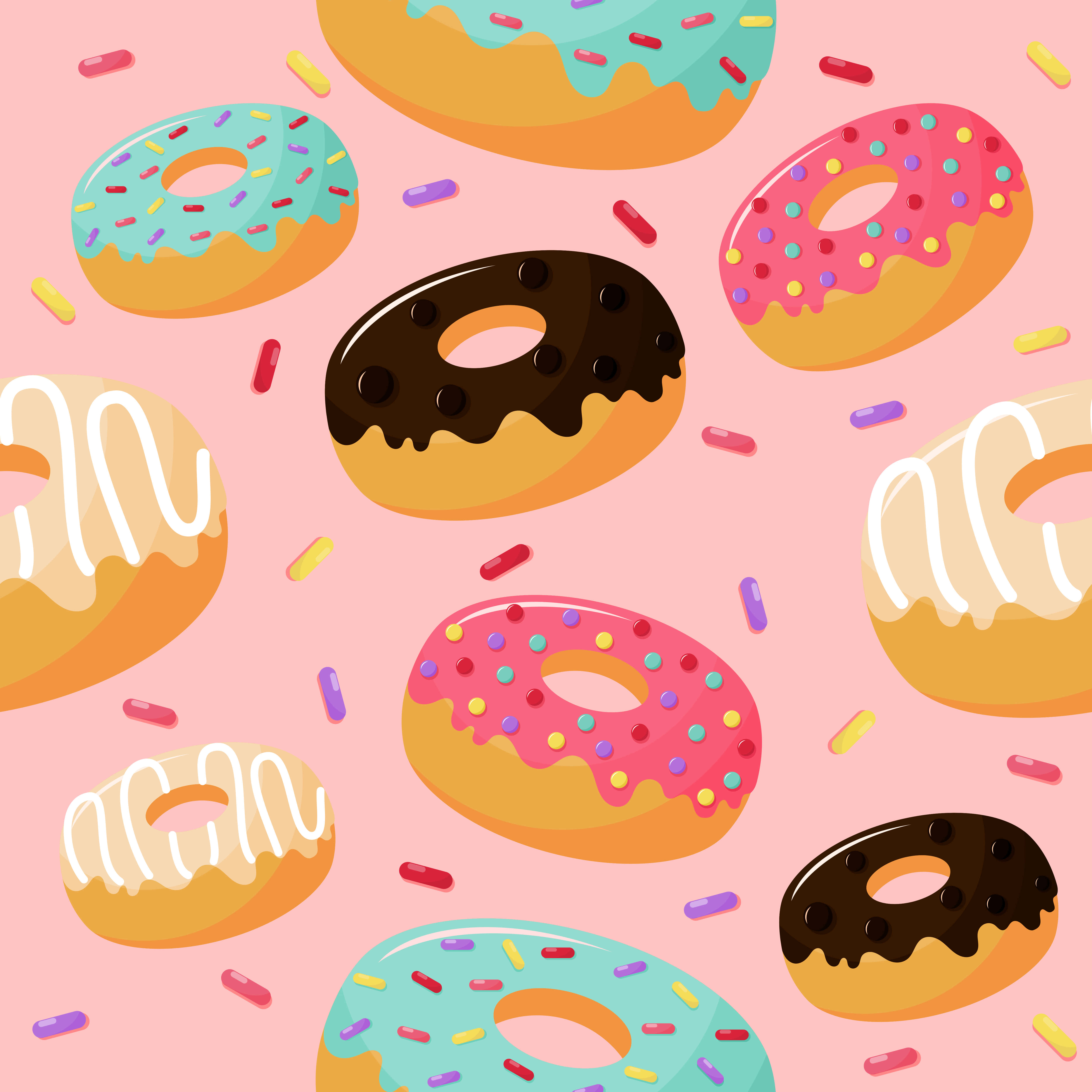 Cute Donut 桌布 壁紙 — 色彩繽紛的卡通甜甜圈，灑上糖霜和糖漿，漂浮在柔和的粉紅色背景上。