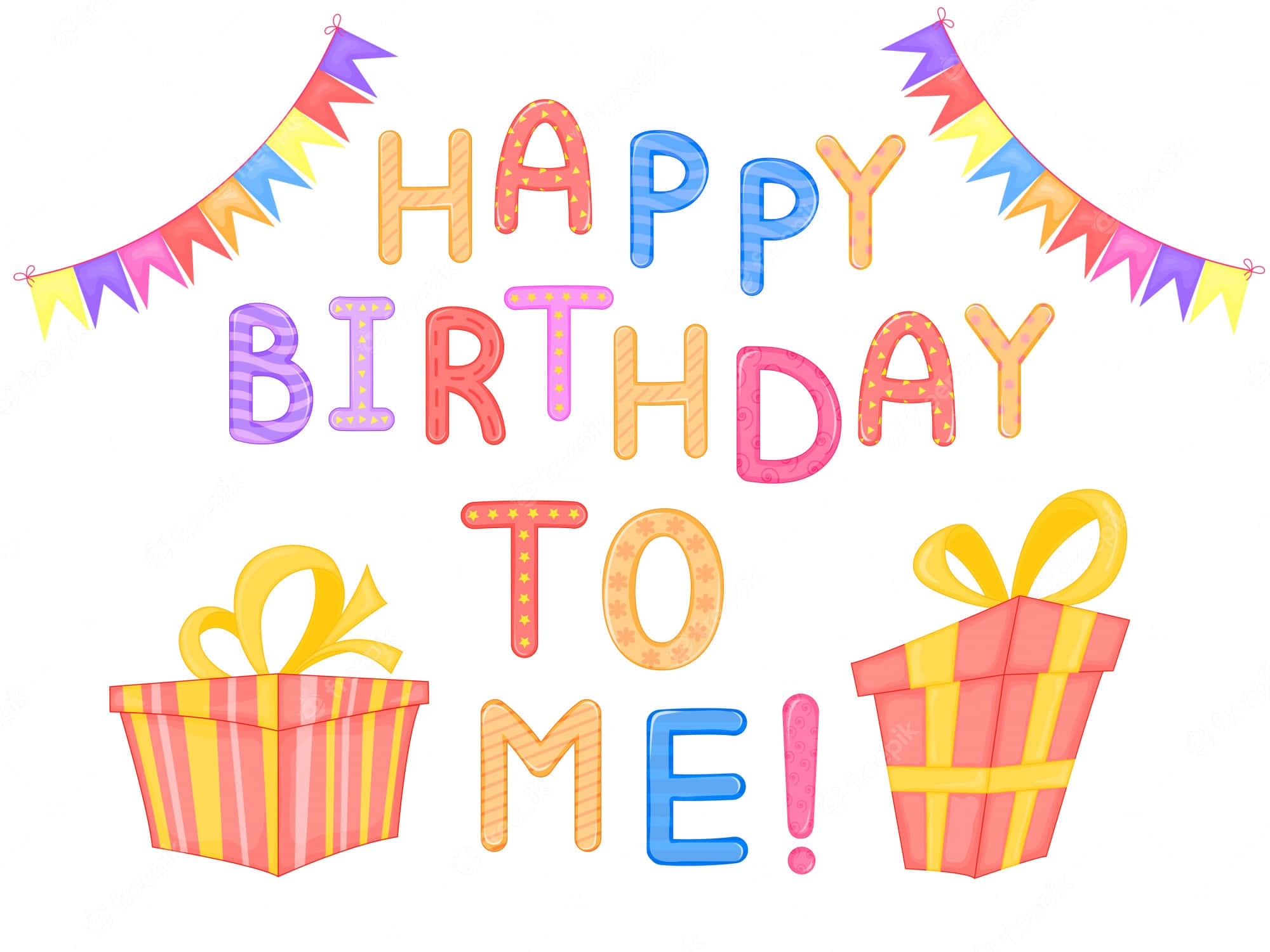 Happy Birthday To Me 桌布 壁紙 — 色彩繽紛的卡通生日橫幅，上面有「HAPPY BIRTHDAY TO ME！」文字和節日彩旗下的條紋禮物盒。