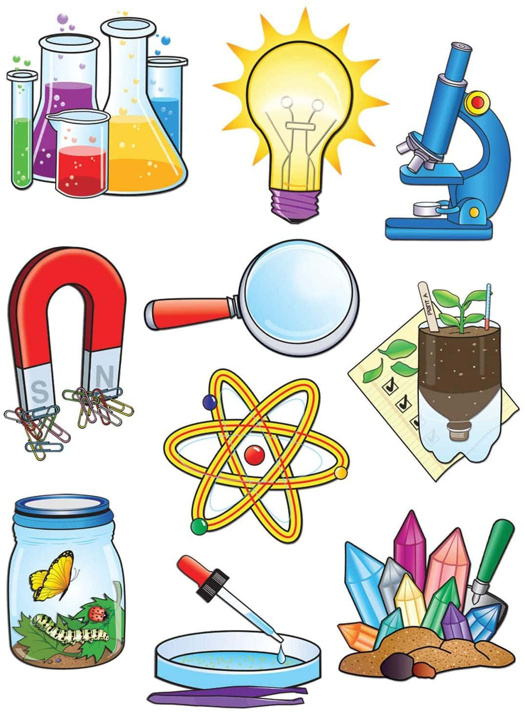 Cartoon Science 桌布 壁紙 — 色彩繽紛的卡通科學圖標拼貼，包括燒杯、磁鐵、顯微鏡和晶體。
