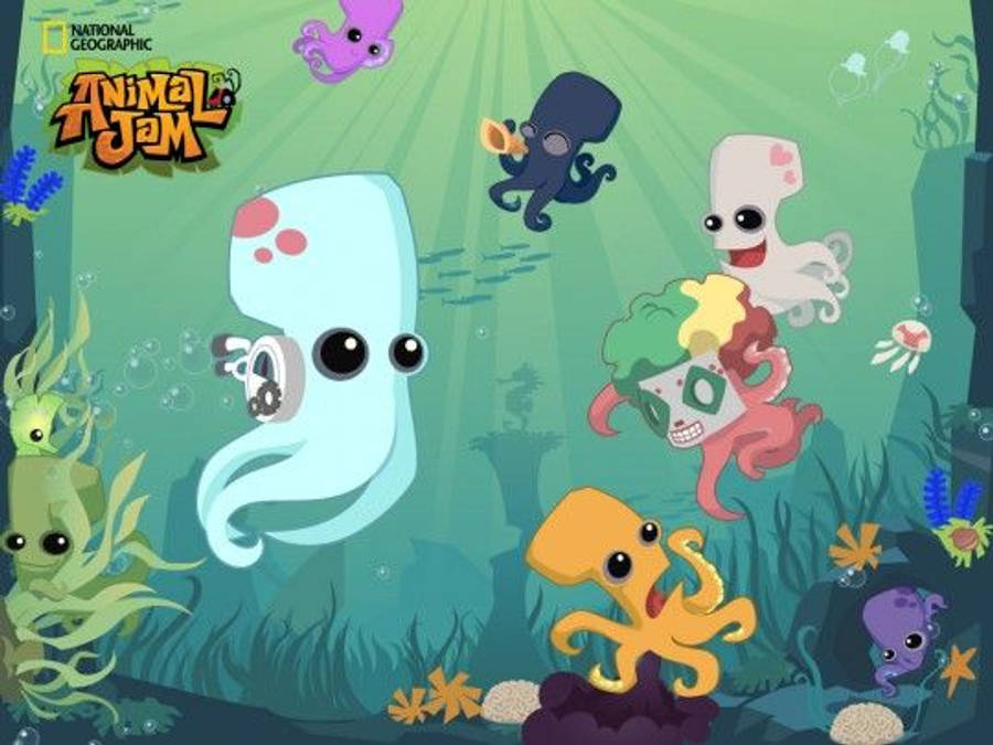 Cartoon 桌布 壁紙 — 色彩繽紛的卡通章魚和海洋生物在陽光普照的水下珊瑚礁場景中快樂地游動。