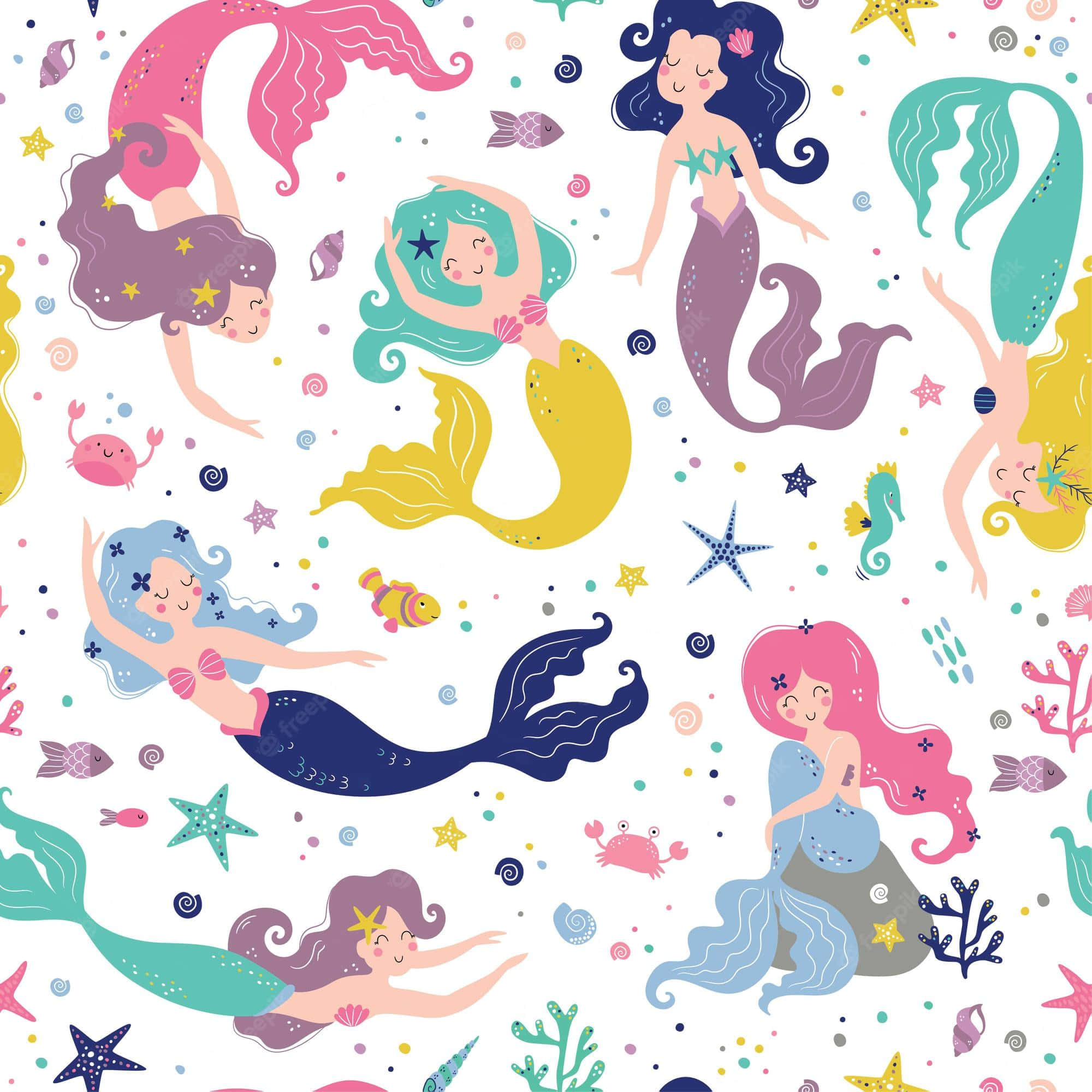 Illustration Art 桌布 壁紙 — 色彩繽紛的卡通美人魚，擁有鮮豔的尾巴，在海星和海洋生物之間游動，形成一個俏皮的水下圖案。