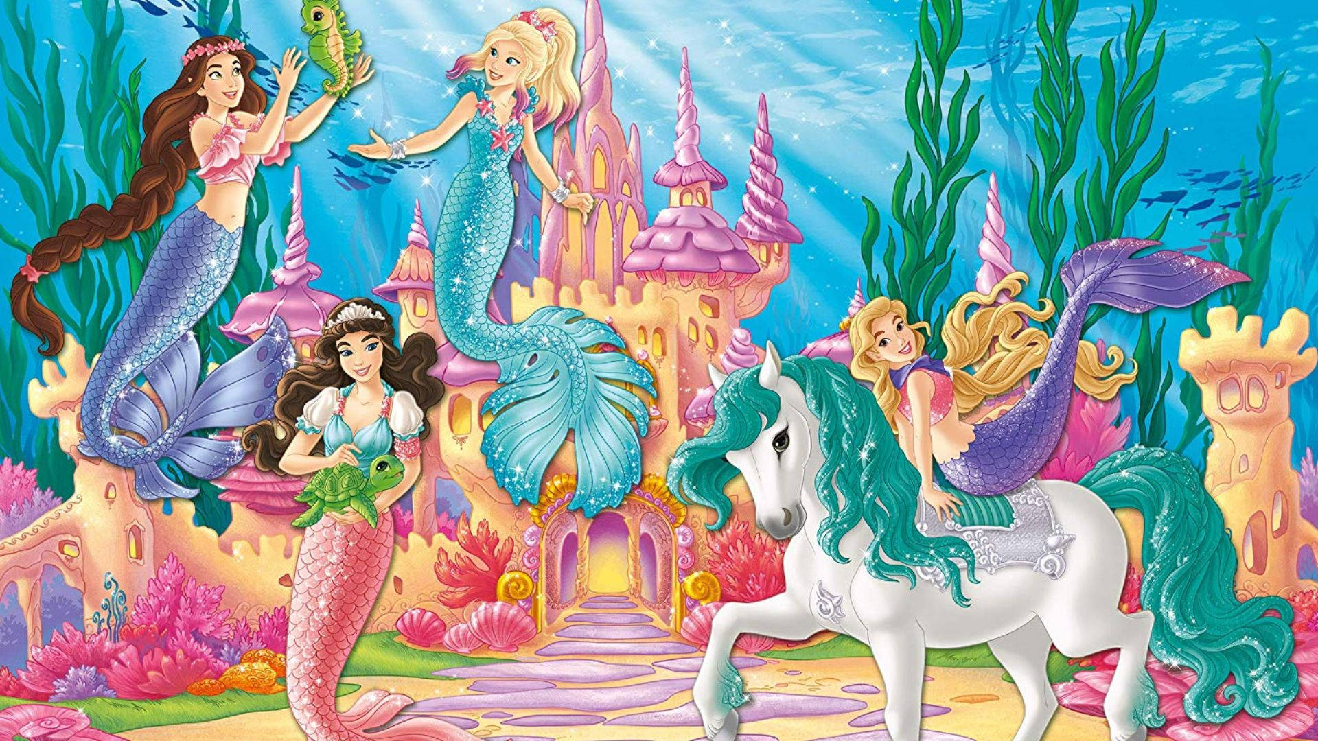 Barbie Mermaid 桌布 壁紙 — 色彩繽紛的卡通美人魚和一隻獨角獸居住在一個由珊瑚和海草環繞的夢幻水下城堡中。