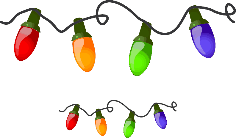 Christmas Clip Art 桌布 壁紙 — 色彩繽紛的卡通聖誕燈飾以兩條繩子懸掛在純棕色背景上。