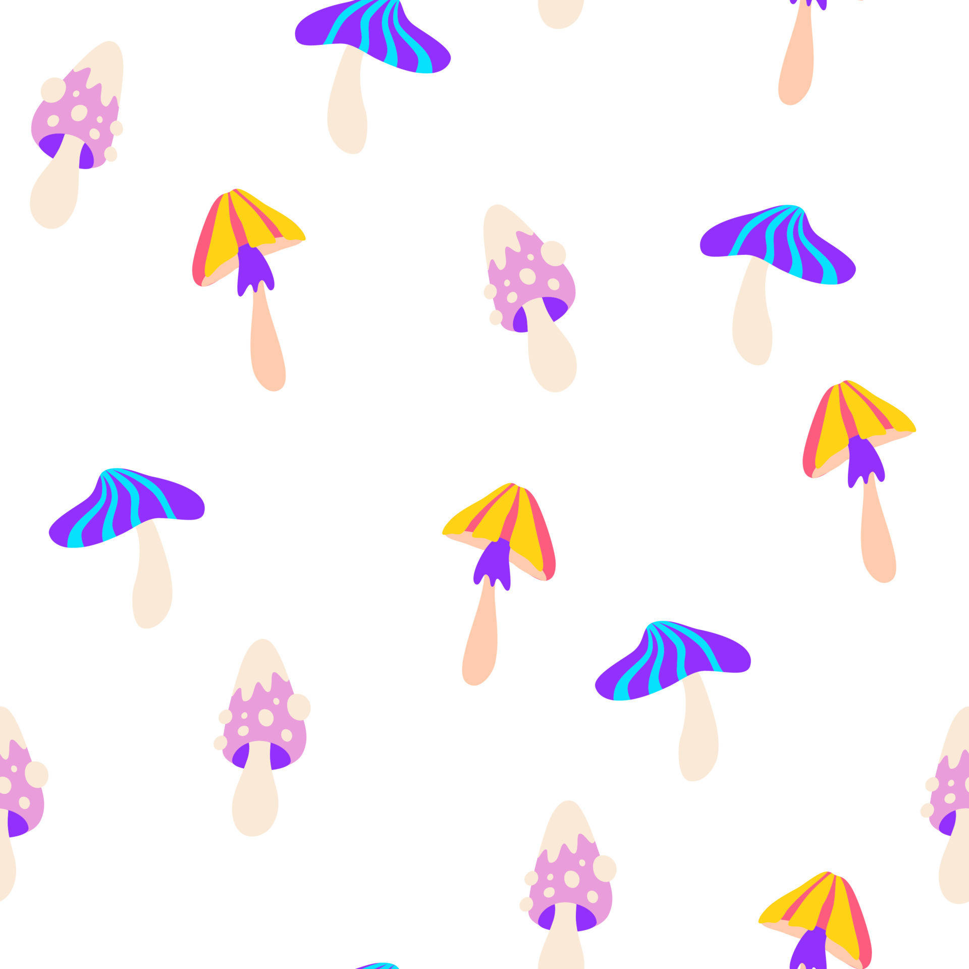 Psychedelic Mushroom 桌布 壁紙 — 色彩繽紛的卡通蘑菇，帶有條紋和斑點帽，在乾淨的白色背景上以俏皮的重複圖案漂浮。