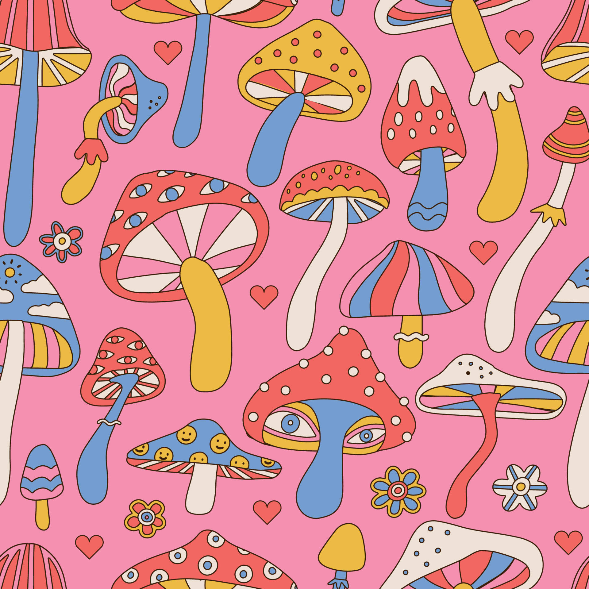Psychedelic Mushroom 桌布 壁紙 — 色彩繽紛的卡通蘑菇，帶有眼睛和心形，在粉紅色背景上以俏皮的重複圖案漂浮。