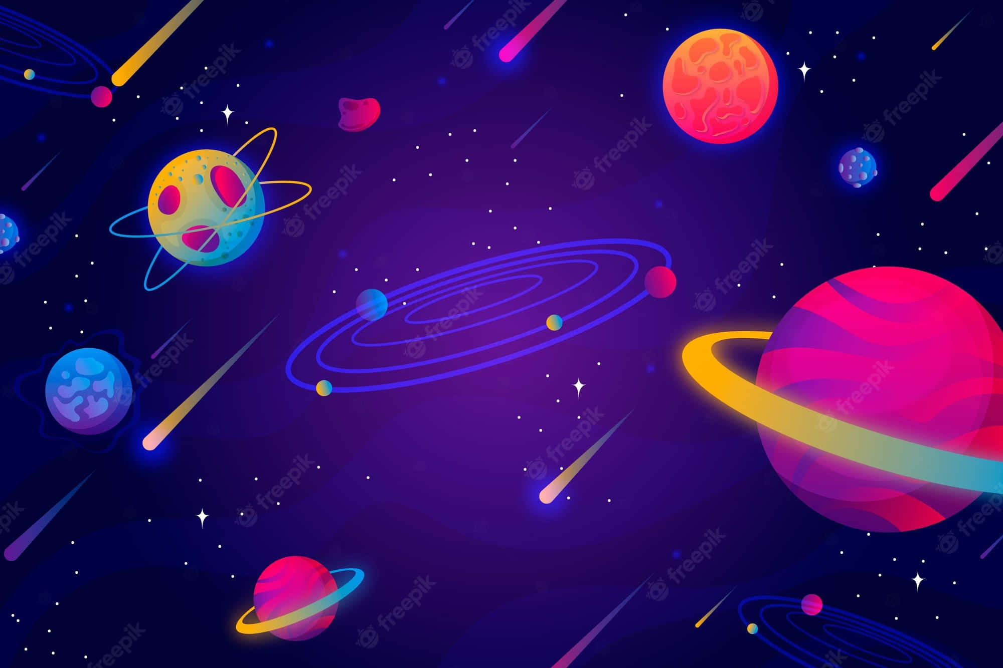 Animated Space 桌布 壁紙 — 色彩繽紛的卡通行星，帶有發光環和流星，劃過深紫色宇宙背景。