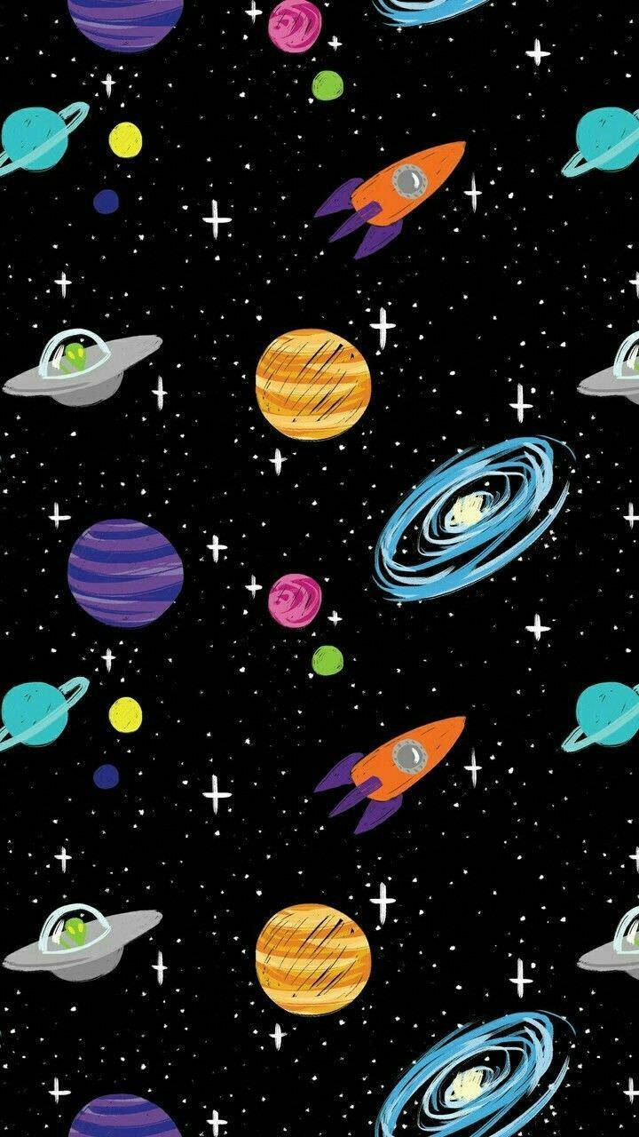 銀河 iPhone 桌布 壁紙 — 色彩繽紛的卡通行星、火箭和星系漂浮在星光閃爍的黑色太空背景上。