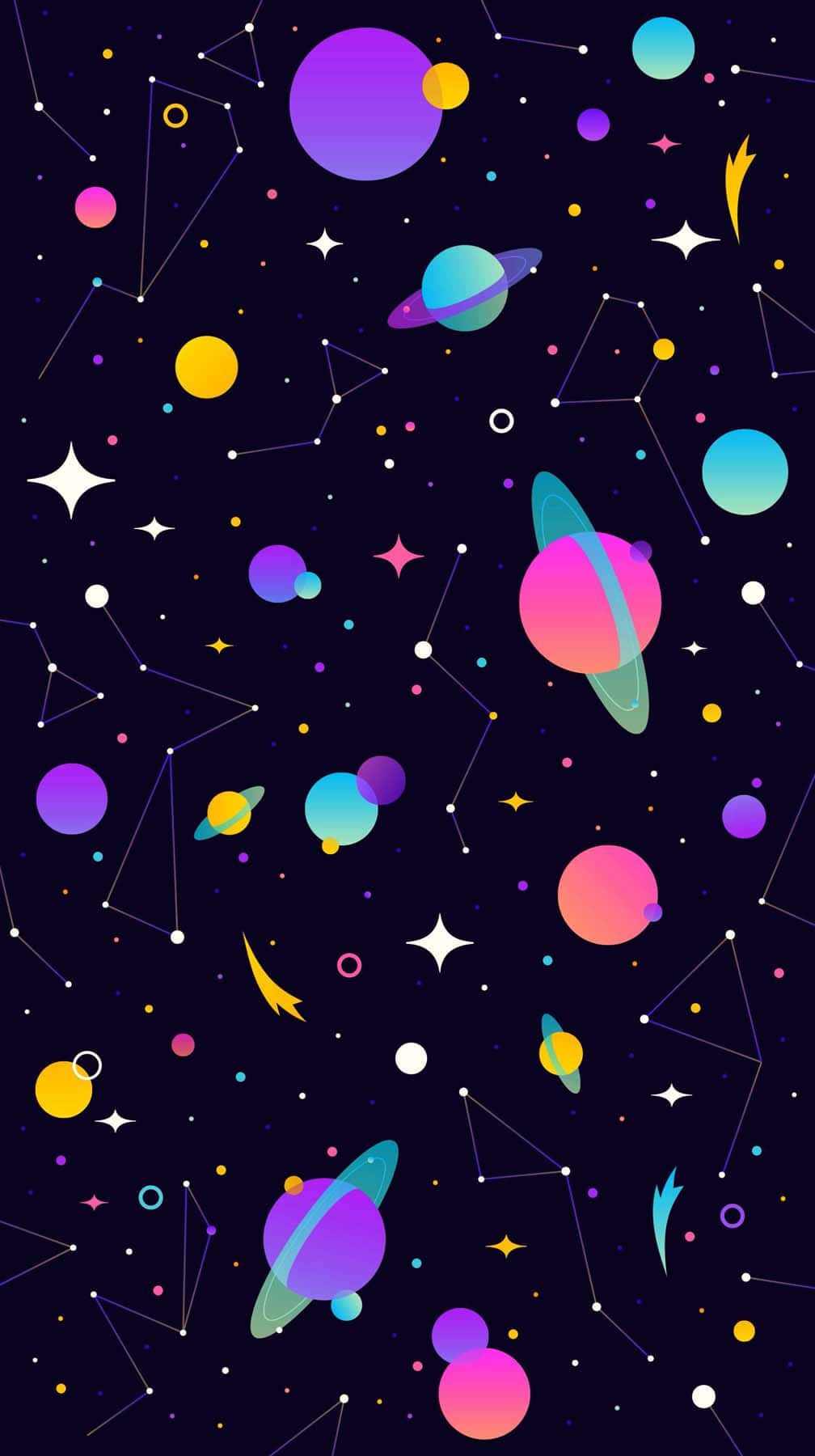 Cartoon 桌布 壁紙 — 色彩繽紛的卡通行星和星座漂浮在充滿彩色星星和流星的黑暗宇宙天空中。