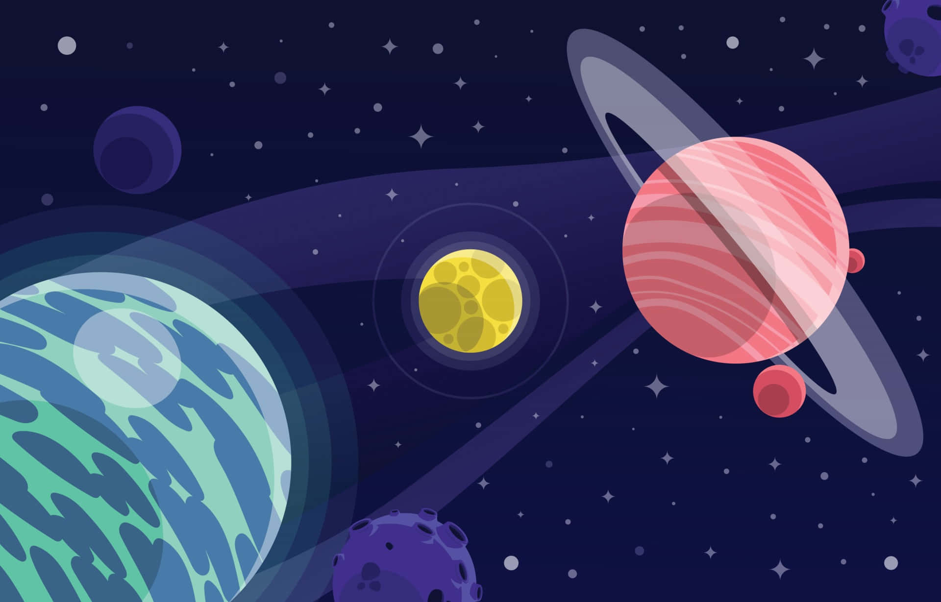 Cartoon Space 桌布 壁紙 — 色彩繽紛的卡通行星帶有光環和衛星，在繁星點點的宇宙背景下漂浮於風格化的太空場景中。