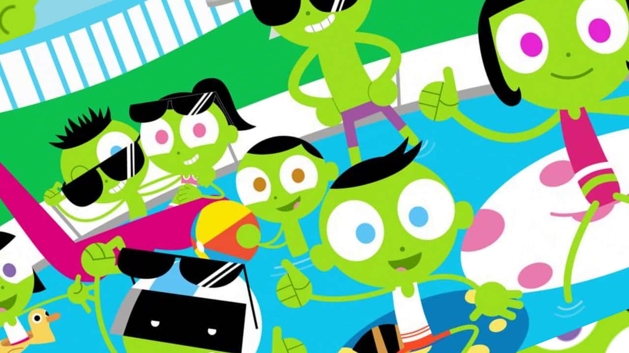 pbs kids 桌布 壁紙 — 色彩繽紛的卡通角色，擁有綠色皮膚和大眼睛，在晴朗的天空下享受熱鬧的泳池派對。
