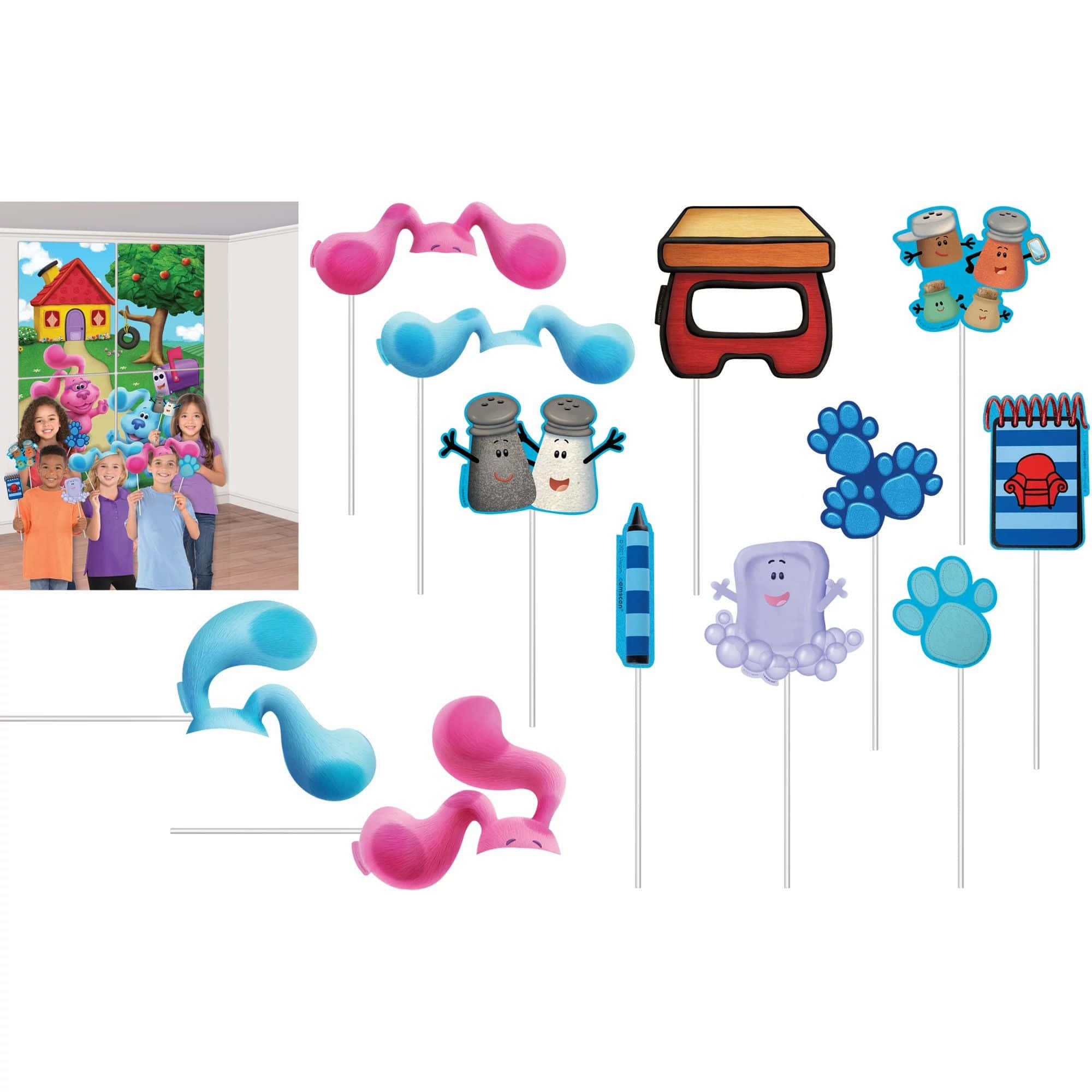 blue's clues 桌布 壁紙 — 色彩繽紛的卡通角色剪紙，附有棍子，包括鹽和胡椒罐以及爪印，適合兒童派對。