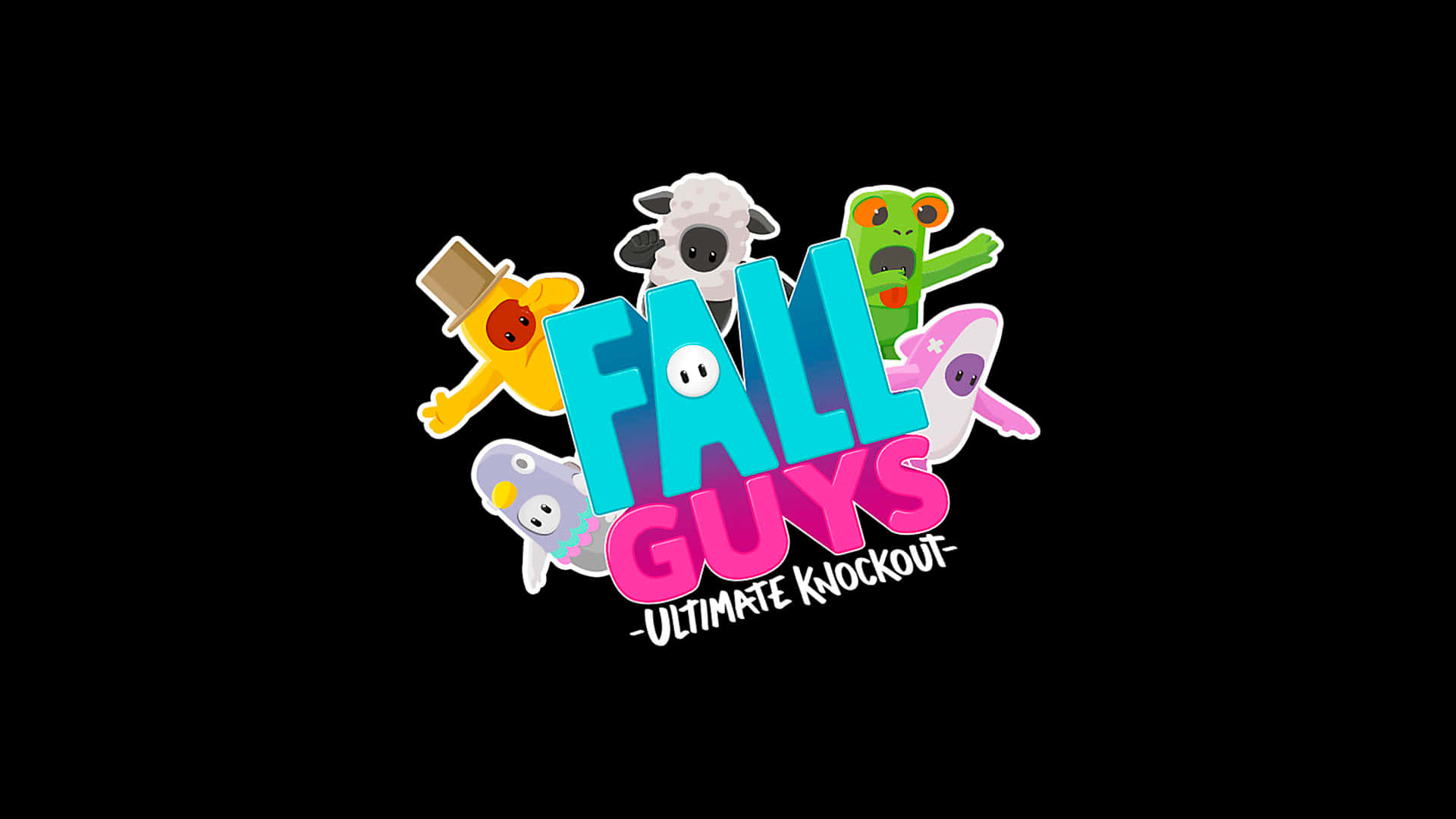 Fall Guys 桌布 壁紙 — 色彩繽紛的卡通角色圍繞著黑色背景上色彩繽紛的「Fall Guys Ultimate Knockout」標誌。