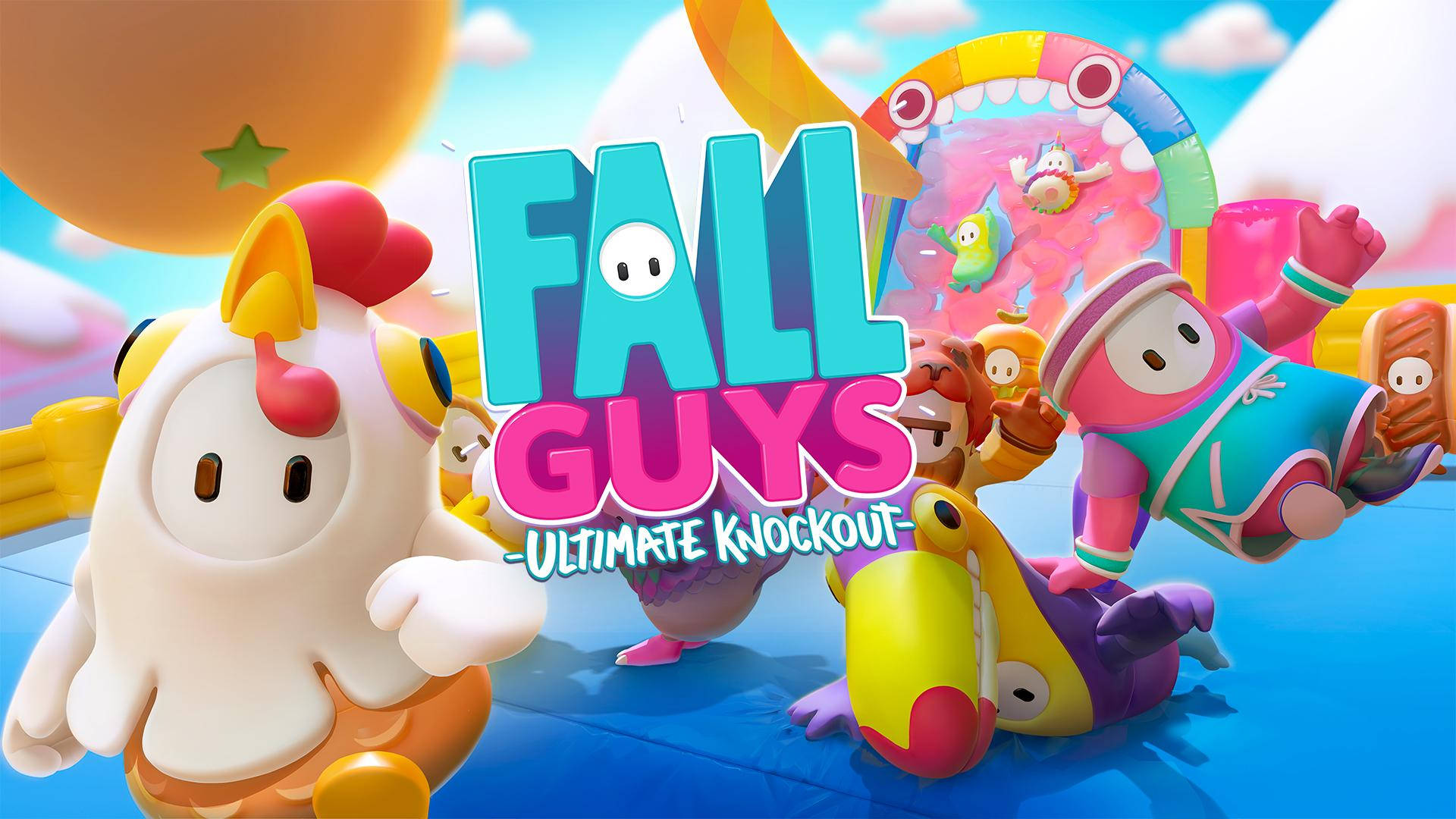 fall guys ultimate knockout 桌布 壁紙 — 色彩繽紛的卡通角色在明亮的天空下，於充滿活力的遊戲競技場中跳躍翻滾。