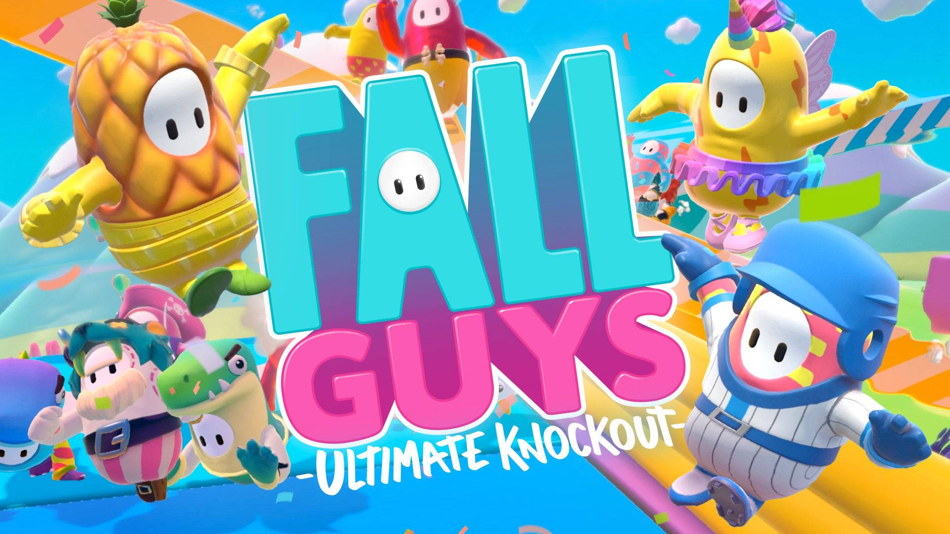 fall guys ultimate knockout 桌布 壁紙 — 色彩繽紛的卡通角色在明亮的藍天下，跳躍翻滾穿過充滿活力的障礙賽道。