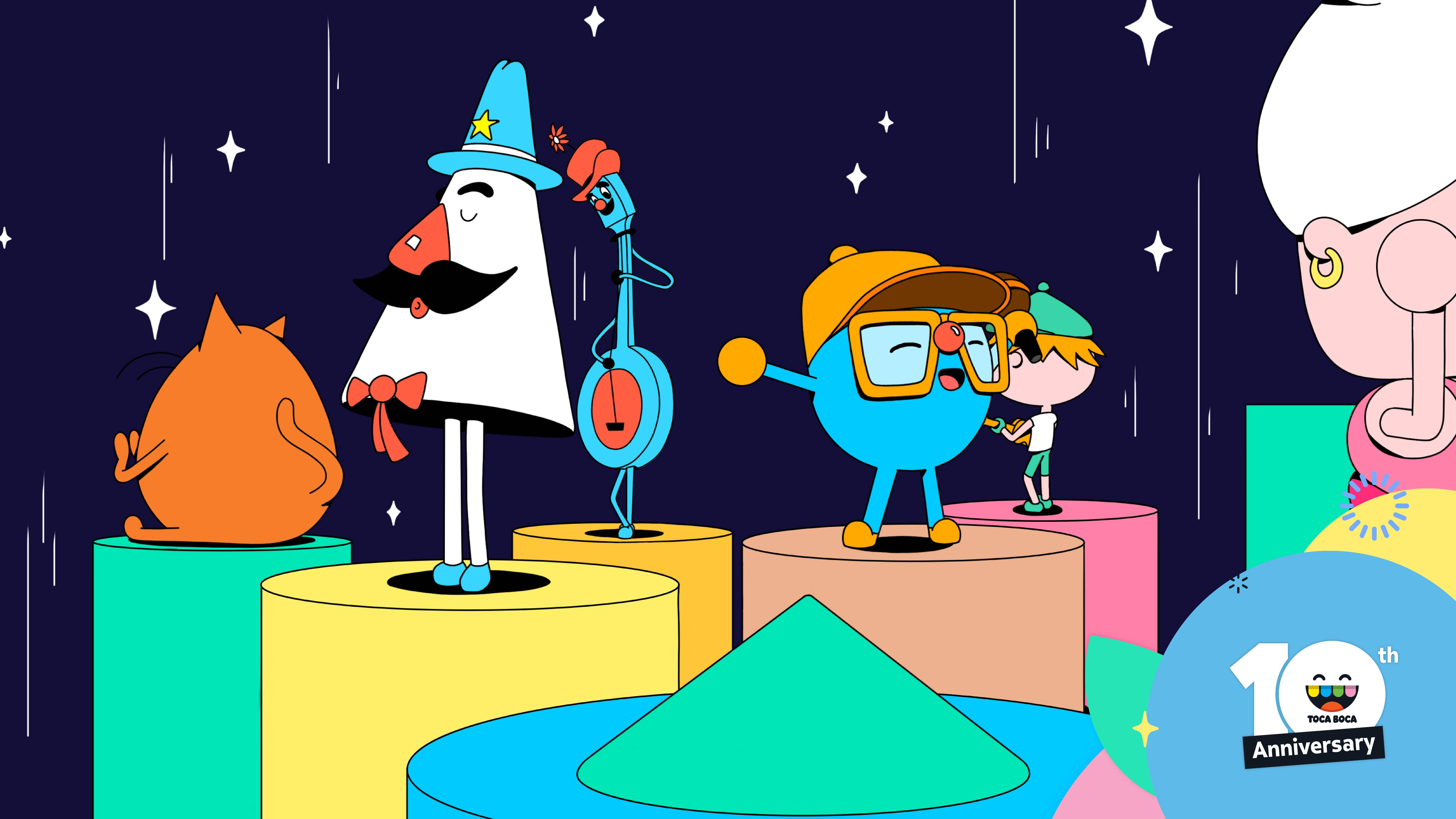 Toca 桌布 壁紙 — 色彩繽紛的卡通角色在星空下的彩虹平台上慶祝，帶有「10th Anniversary」標誌。