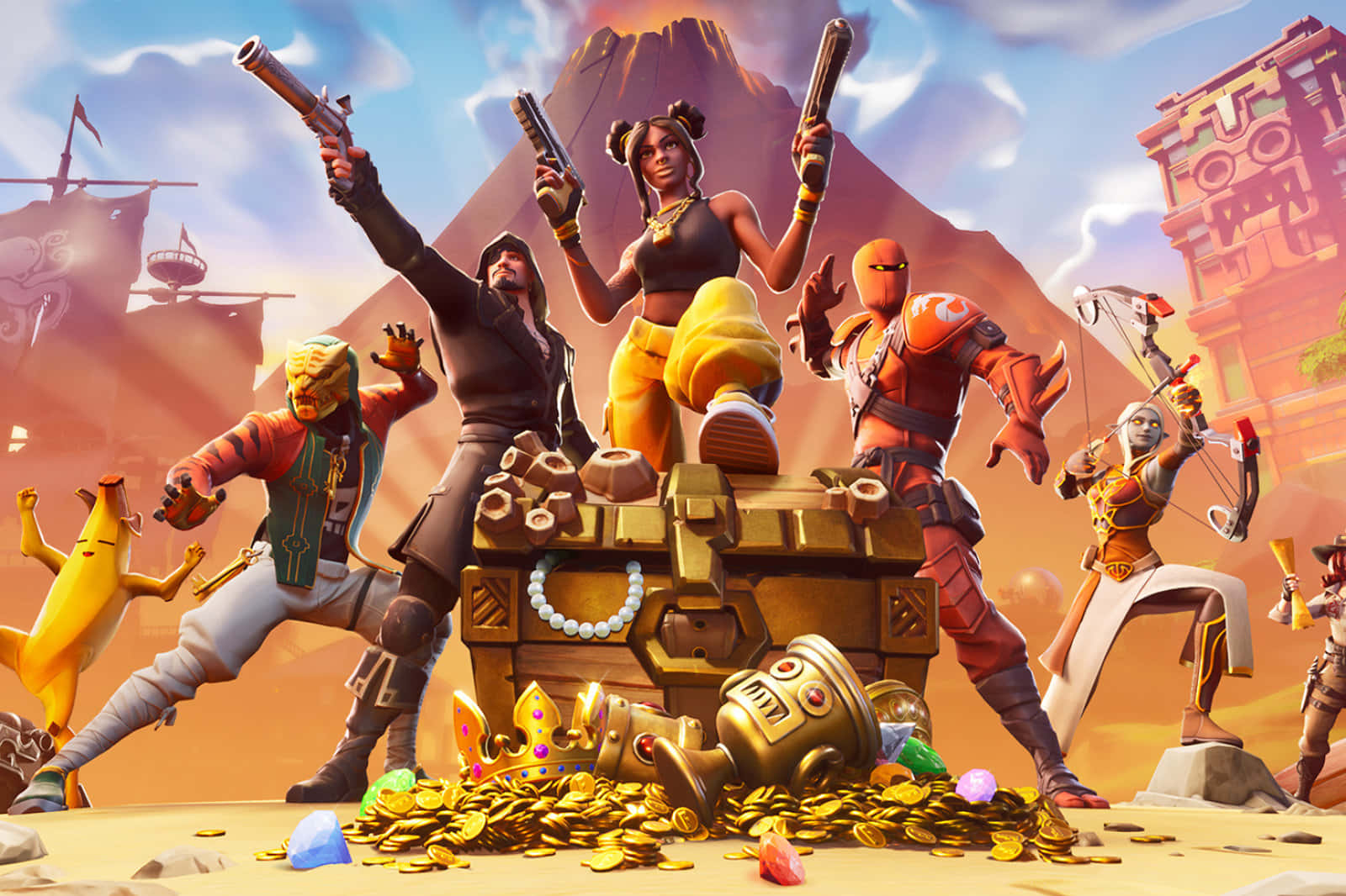 Fortnite 桌布 壁紙 — 色彩繽紛的卡通角色在沙漠火山背景下，站在一個裝滿金幣和珠寶的寶箱上慶祝。