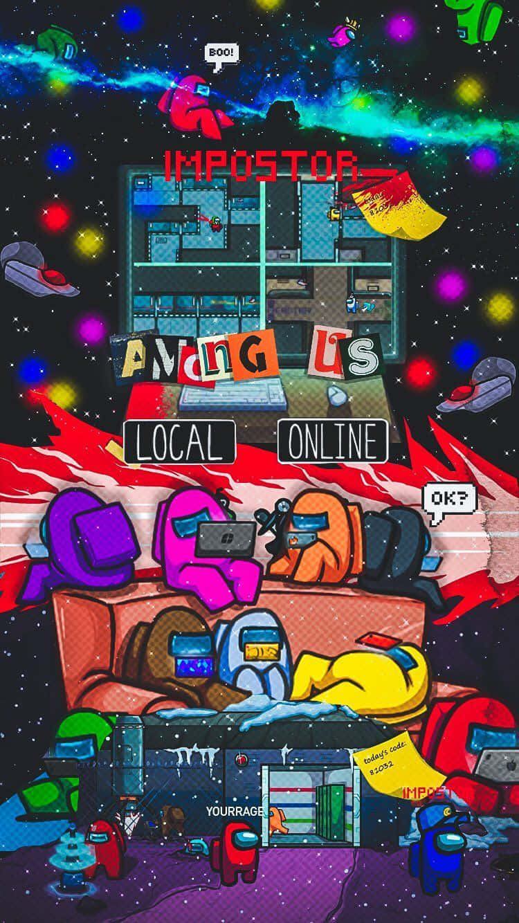 Among US Phone 桌布 壁紙 — 色彩繽紛的卡通角色在混亂的太空船場景中，帶有發光燈光和遊戲介面元素。