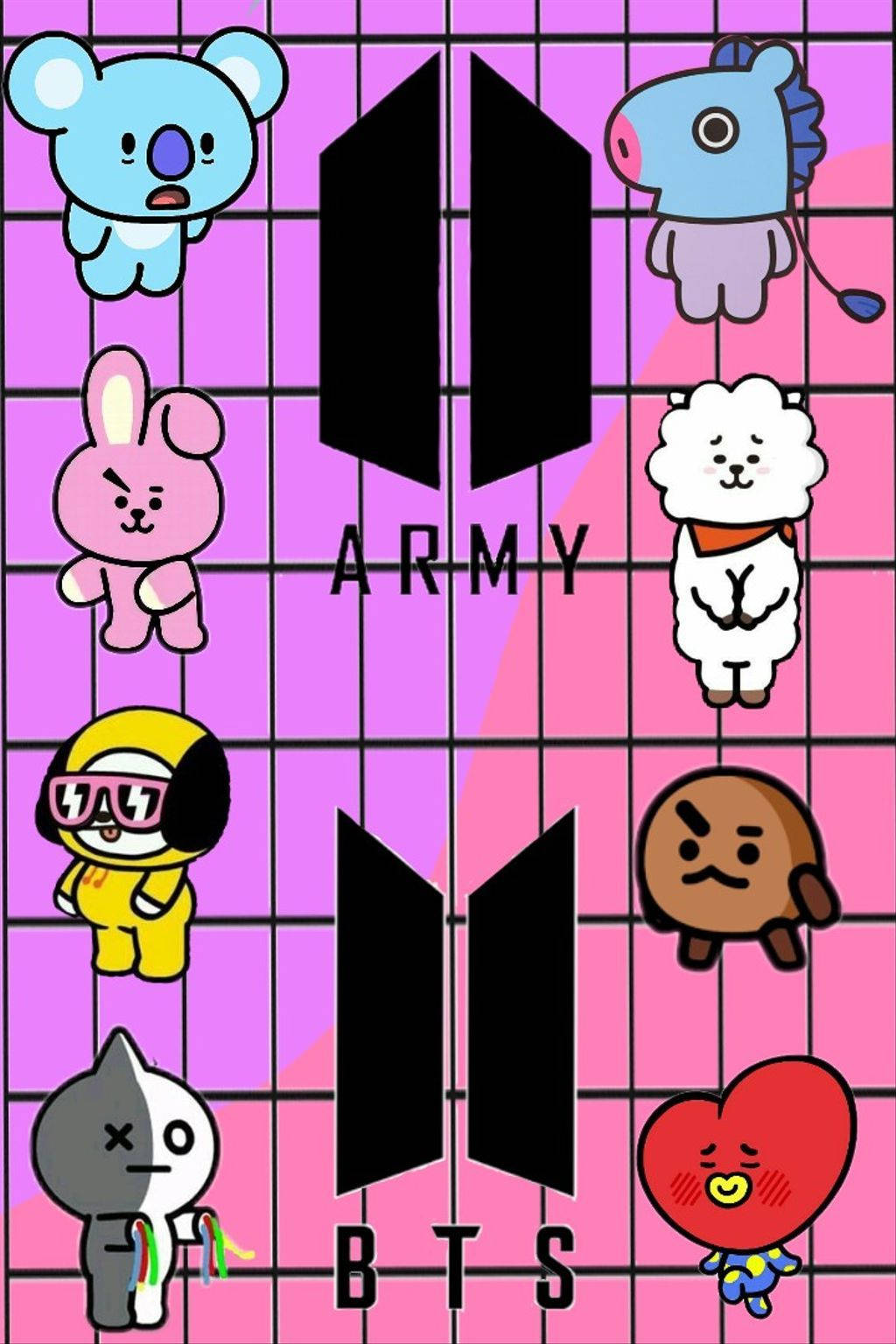 Cooky Bt21 桌布 壁紙 — 色彩繽紛的卡通角色在粉紅色網格背景上圍繞BTS標誌漂浮。