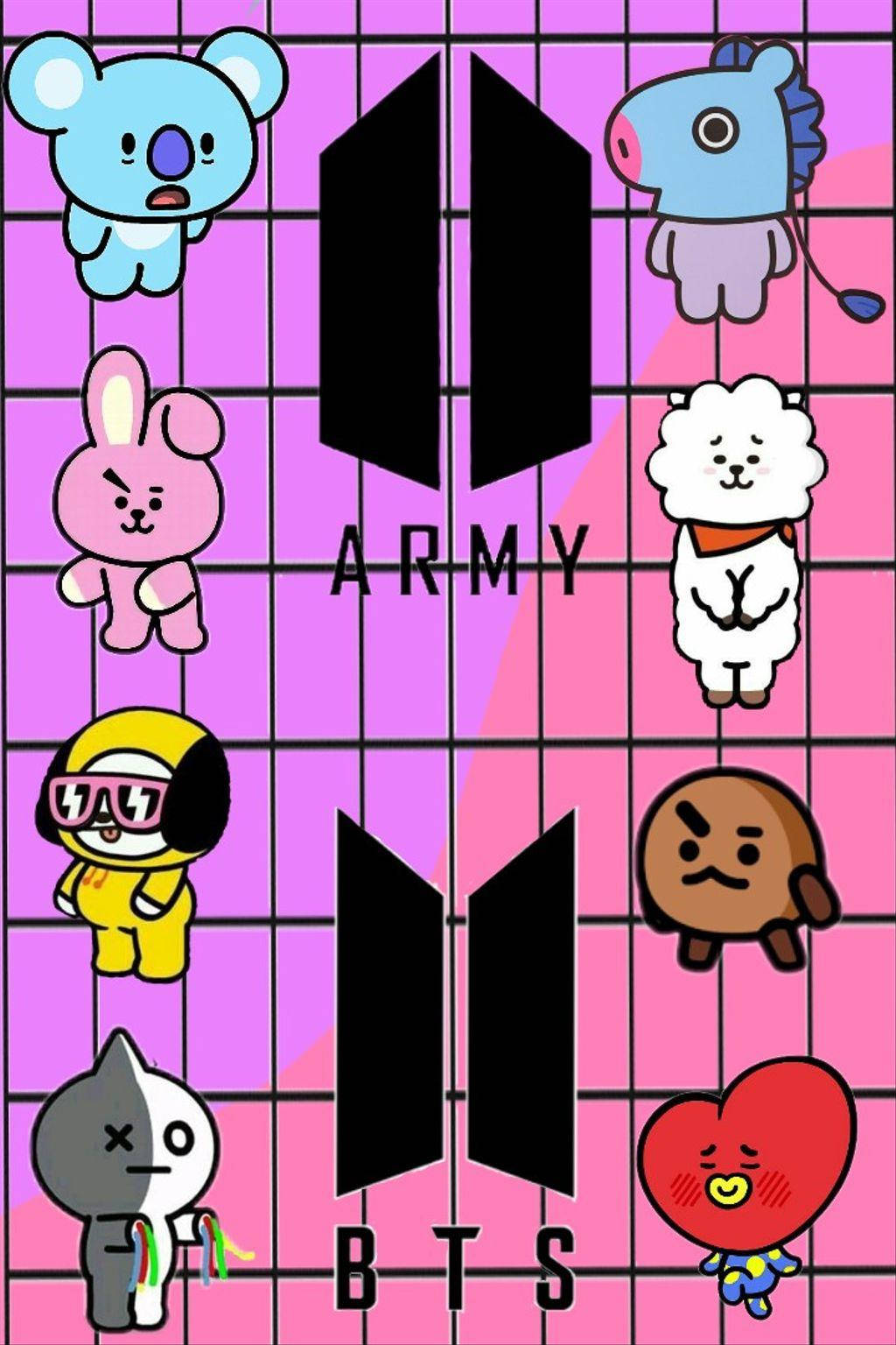 BTS粉絲藝術，卡通角色圍繞BTS標誌漂浮。 — BT21 GIF 壁紙