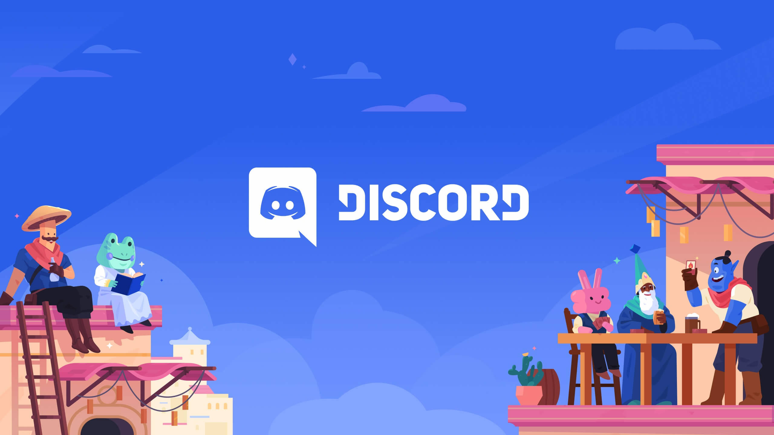 Discord 桌布 壁紙 — 色彩繽紛的卡通角色在色彩繽紛的屋頂上交際，背景是明亮的藍天，中央有Discord標誌。