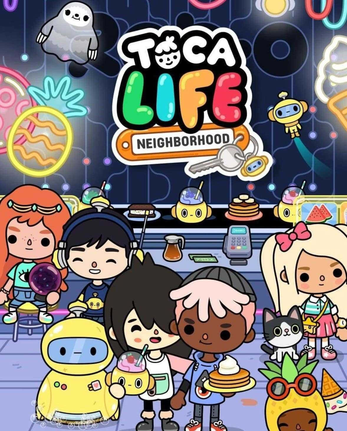 遊戲 桌布 壁紙 — 色彩繽紛的卡通角色在霓虹燈咖啡館中享用小吃和飲品，周圍有漂浮的機器人和有趣的裝飾。