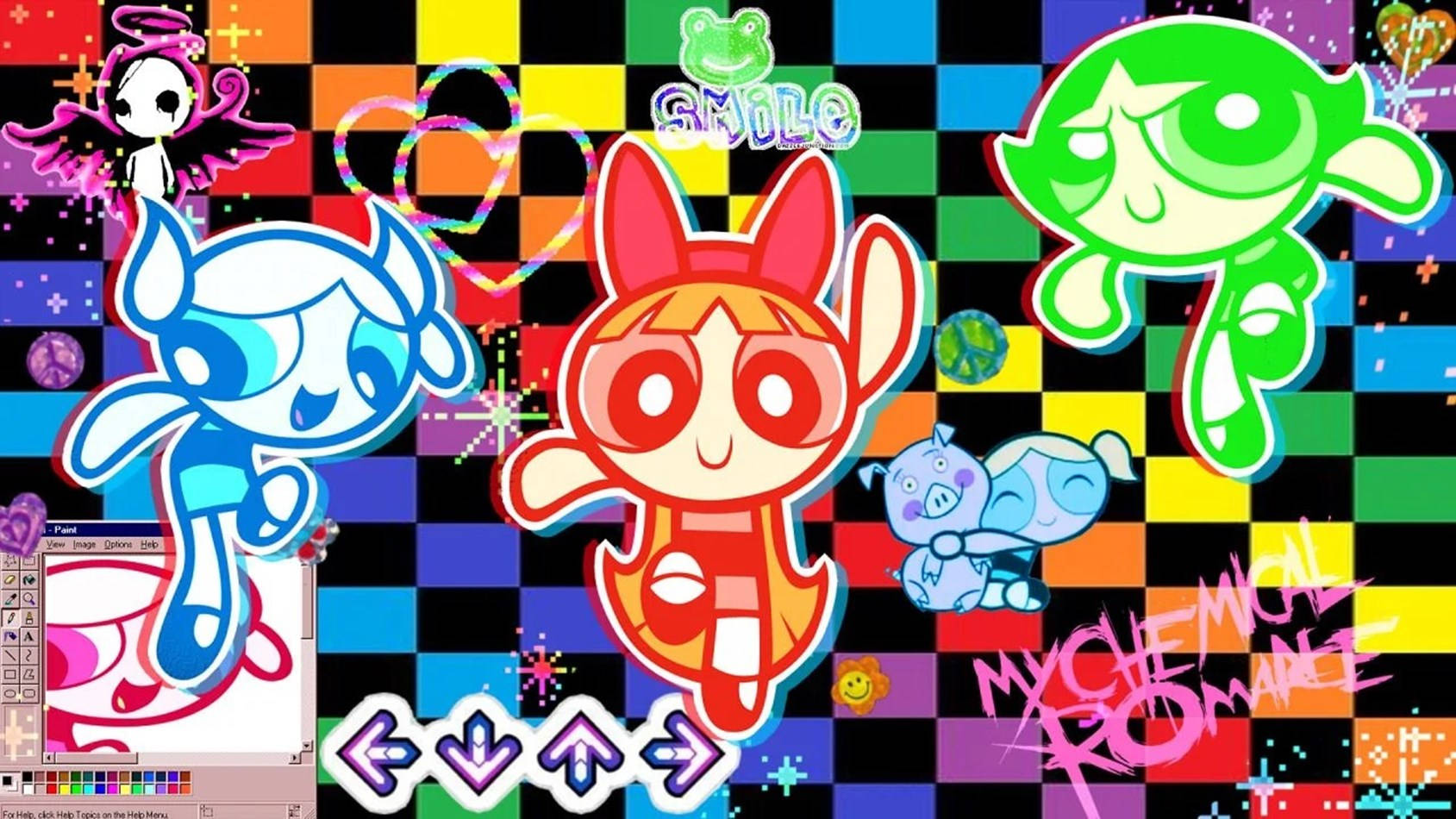 Powerpuff Girls 桌布 壁紙 — 色彩繽紛的卡通角色漂浮在帶有塗鴉和數位藝術元素的彩色格子背景上。