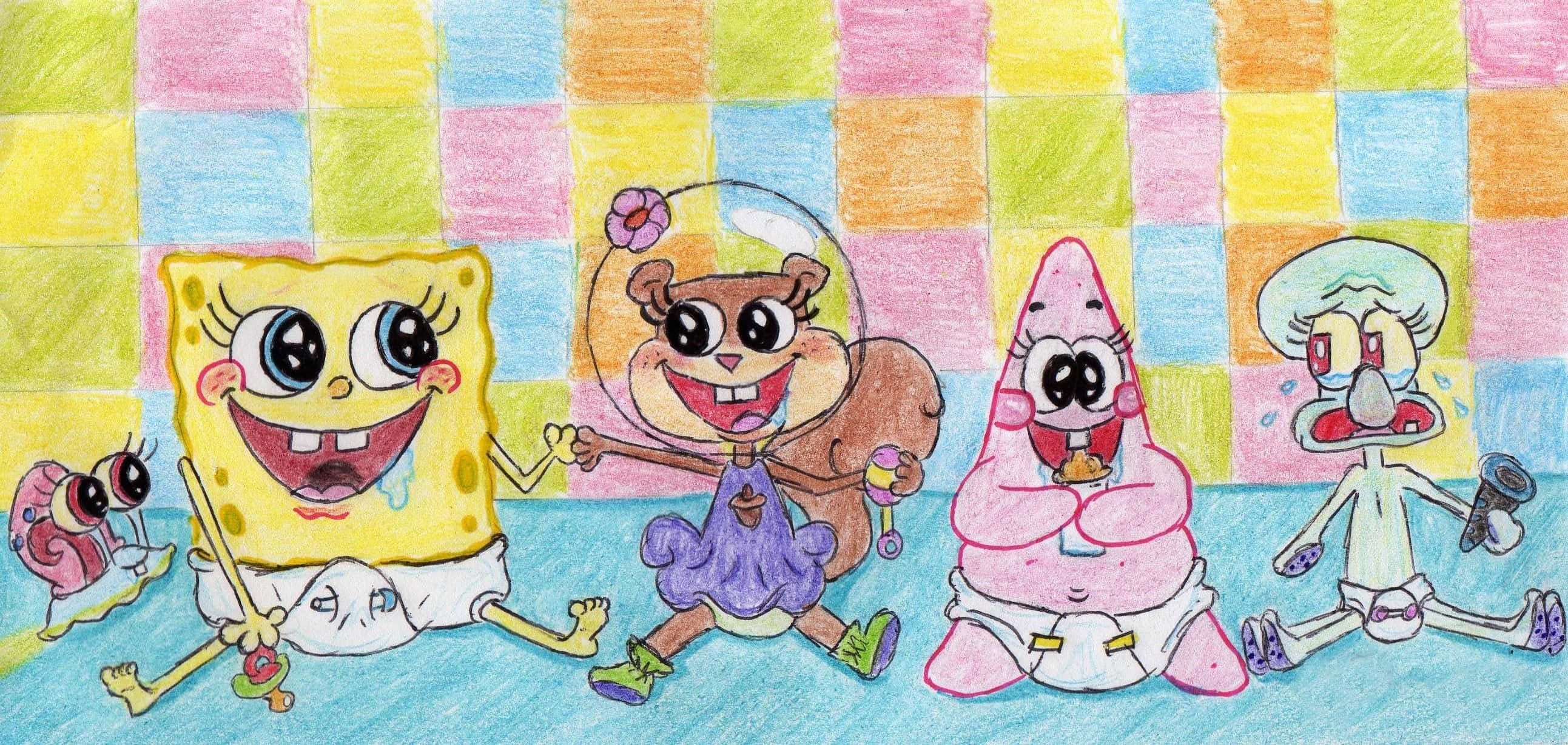 spongebob squarepants 桌布 壁紙 — 色彩繽紛的卡通角色穿著尿布，在粉彩格紋背景前開心地擺姿勢。
