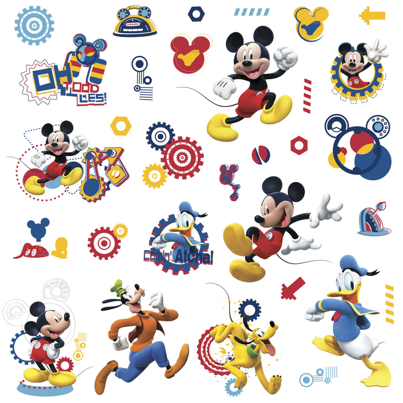 Mickey Mouse Clubhouse 桌布 壁紙 — 色彩繽紛的卡通角色米奇老鼠、高飛和唐老鴨，被彩色齒輪和機械塗鴉環繞在白色背景上。