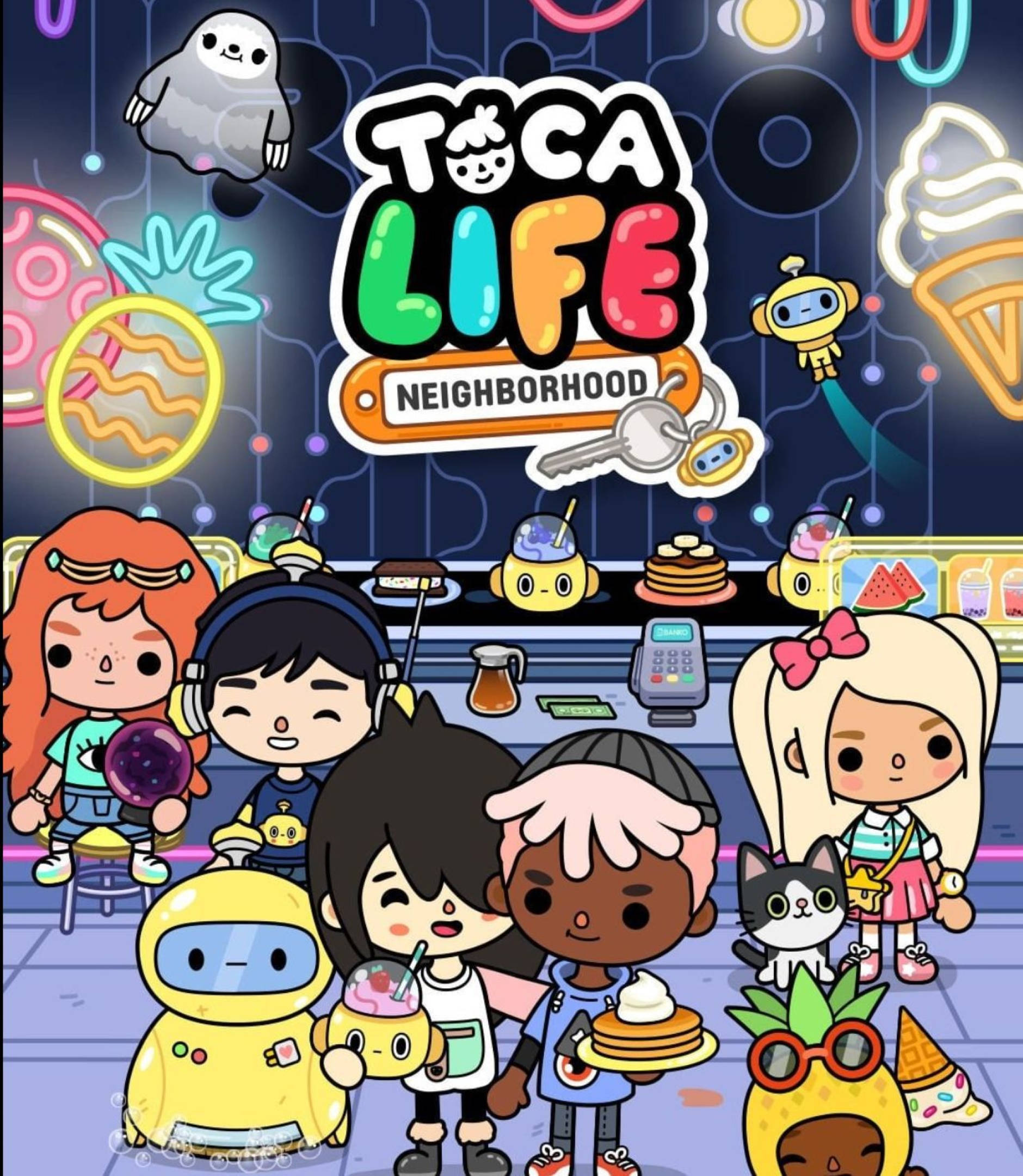 Toca 桌布 壁紙 — 色彩繽紛的卡通角色聚集在一間霓虹燈光咖啡館中，周圍有機器人和食物。