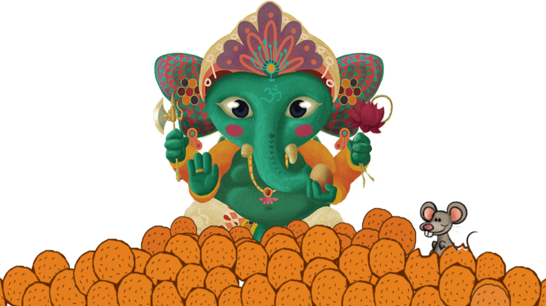 Hinduism 桌布 壁紙 — 色彩繽紛的卡通象頭神Ganesha與老鼠坐在一堆柳橙上，背景為黑色。