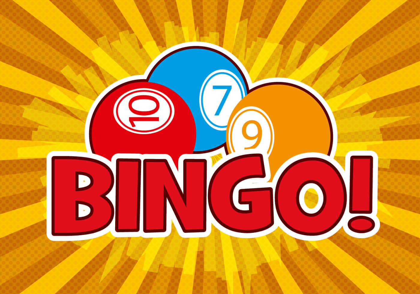 Bingo 桌布 壁紙 — 色彩繽紛的卡通賓果球在陽光黃色背景上迸發，搭配粗體紅色賓果文字。