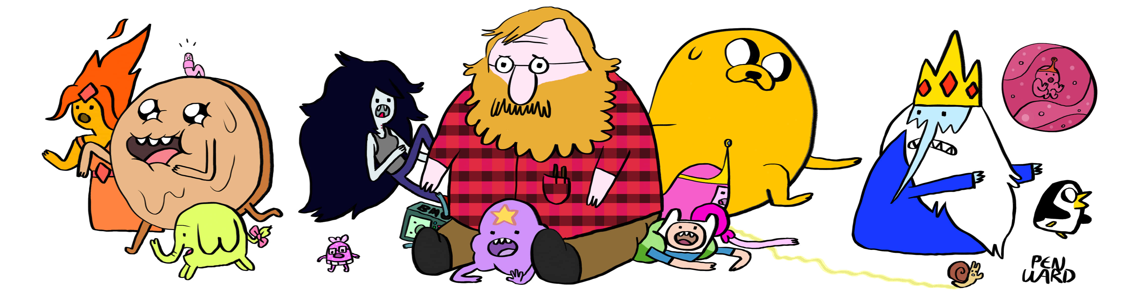 Adventure Time Cute 桌布 壁紙 — 色彩繽紛的卡通陣容，包括阿Finn、阿Jake、BMO、泡泡糖公主和冰霸王，在一個異想天開的場景中。