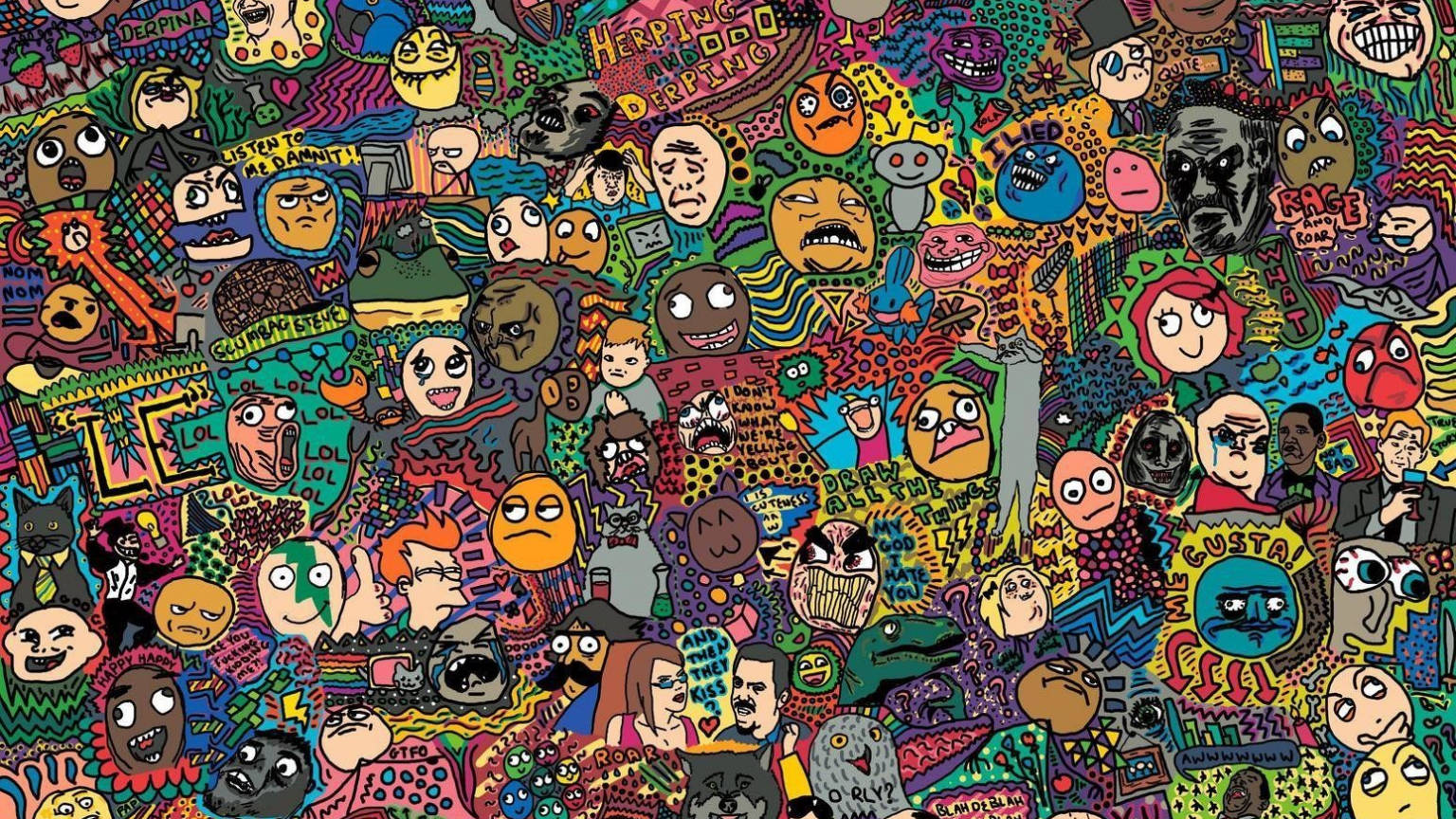 faces 桌布 壁紙 — 色彩繽紛的卡通面孔和塗鴉在密集的迷幻拼貼中混亂爆發。