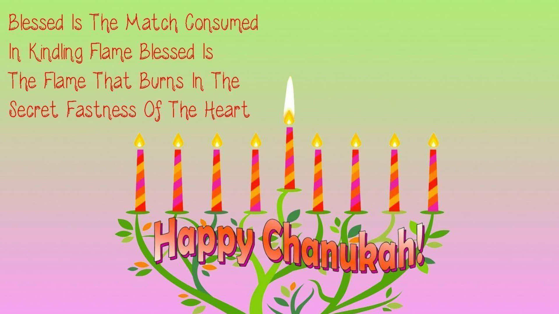 在漸變背景上，以卡通 menorah 和點燃的蠟燭傳達 Chanukah 快樂的祝福。 — 光明節 GIF 壁紙