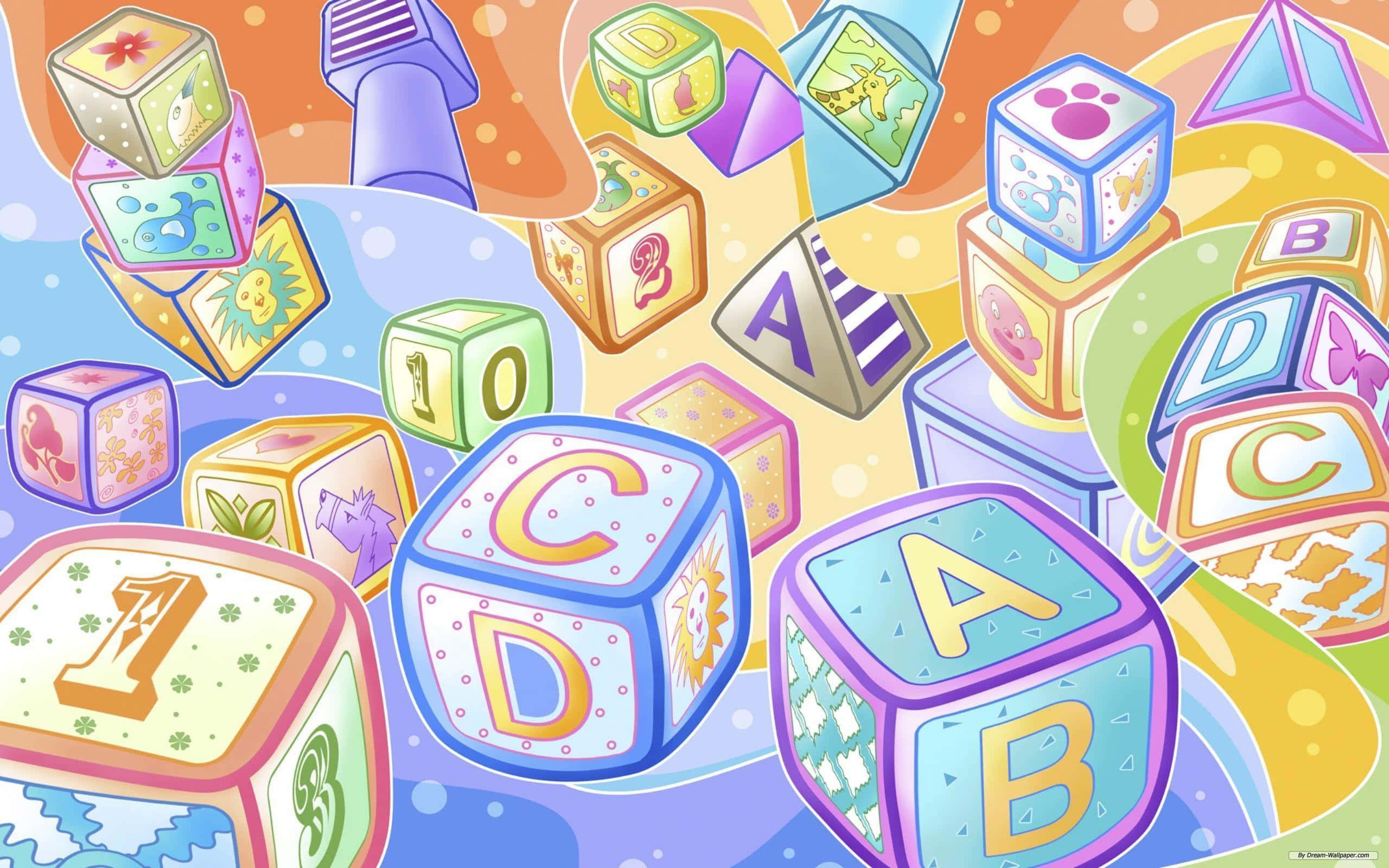 abc 桌布 壁紙 — 色彩繽紛的卡通風格字母和數字方塊漂浮在旋轉的彩虹背景中。