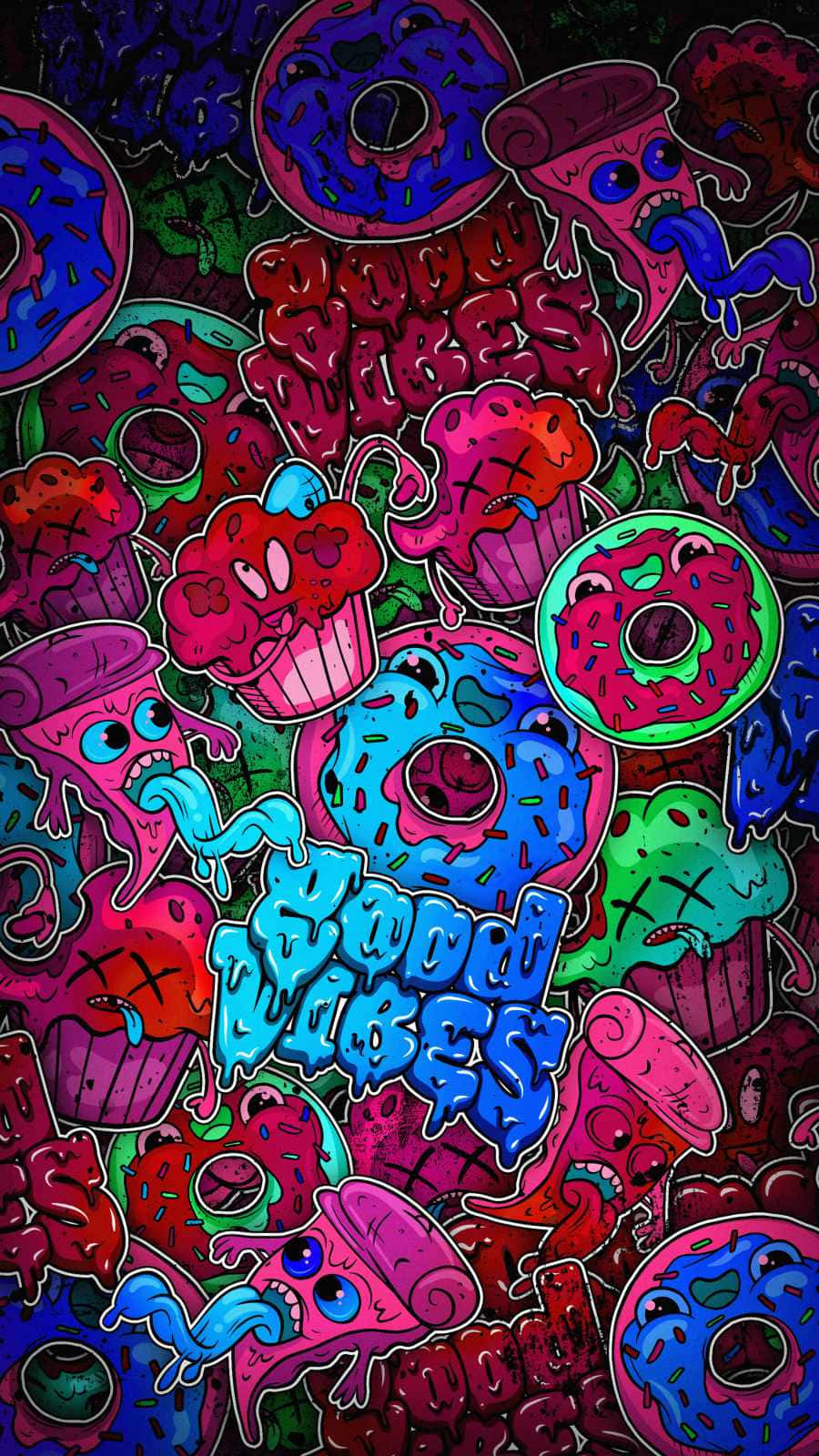 Trippy Aesthetic 桌布 壁紙 — 色彩繽紛的卡通風格甜甜圈和杯子蛋糕，帶有臉部和四肢，以混亂多彩的塗鴉風格呈現。