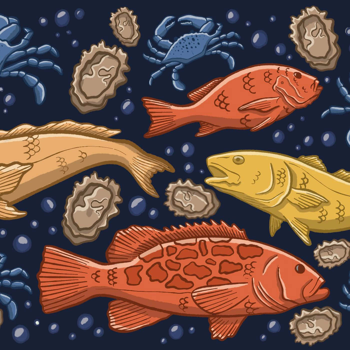 Seafood 桌布 壁紙 — 色彩繽紛的卡通魚、螃蟹和牡蠣在深藍色水下場景中於氣泡間游動。