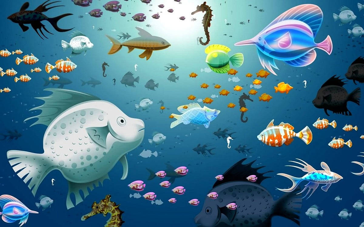 酷魚 桌布 壁紙 — 色彩繽紛的卡通魚和海馬在陽光普照的藍色海洋中游泳，充滿了豐富多彩的海洋生物。