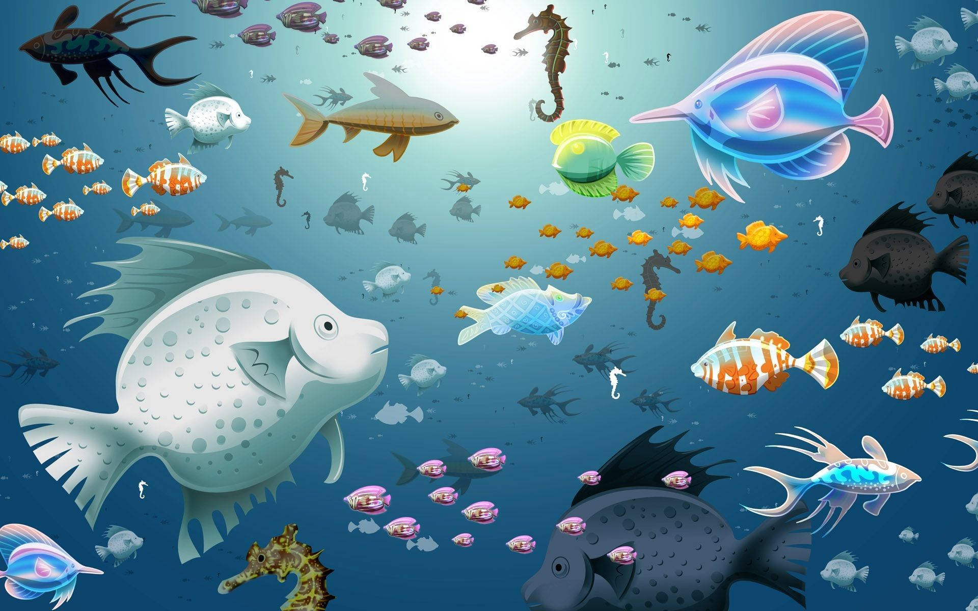 Aquarium 桌布 壁紙 — 色彩繽紛的卡通魚和海馬在陽光普照的藍色海洋中暢游，海洋生物豐富多彩。